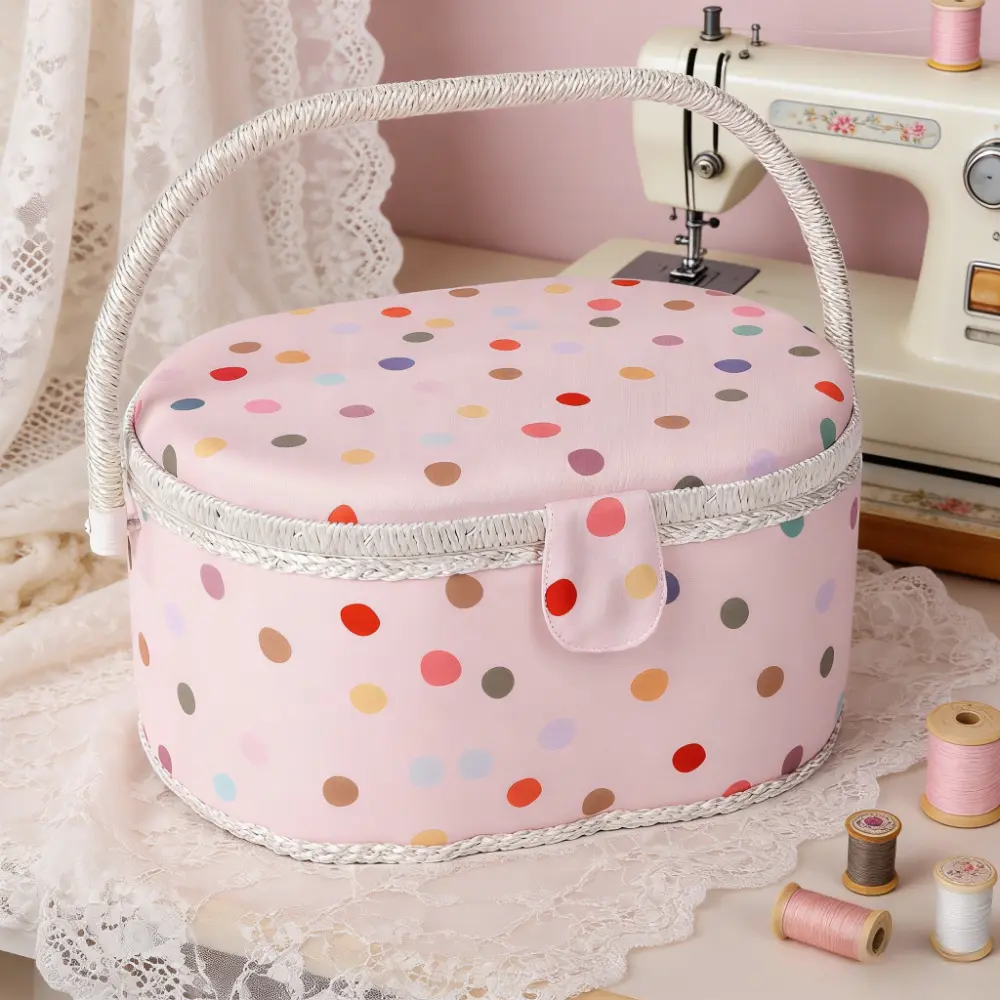 Oval sewing storage basket with handles; double-layered storage box and sewing basket, ideal for hair clips, headbands, ribbons, cosmetics and sewing supplies; a high-quality festive gift