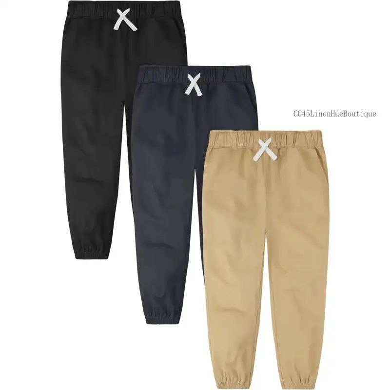 Boys' 3-Pack Pull-On Jogger Pants - Elastic Waist, School Uniform Style with Cotton Stretch Chino Fabric - CC45LinenHueBoutique, Elastic Waist Pants