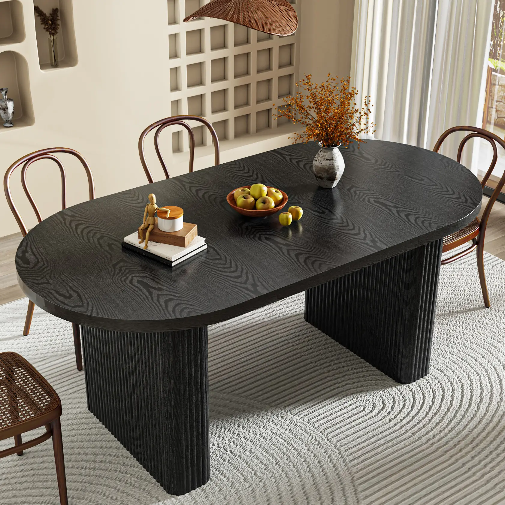 70.9 Inch Kitchen Dining Table for 4 6 People, Oval Kitchen Table with Wood Strip Base, Modern Farmhouse Large Round Dining Room Tables W/Waterproof Wood Tabletop for Home Living Room (Black/Walnut)