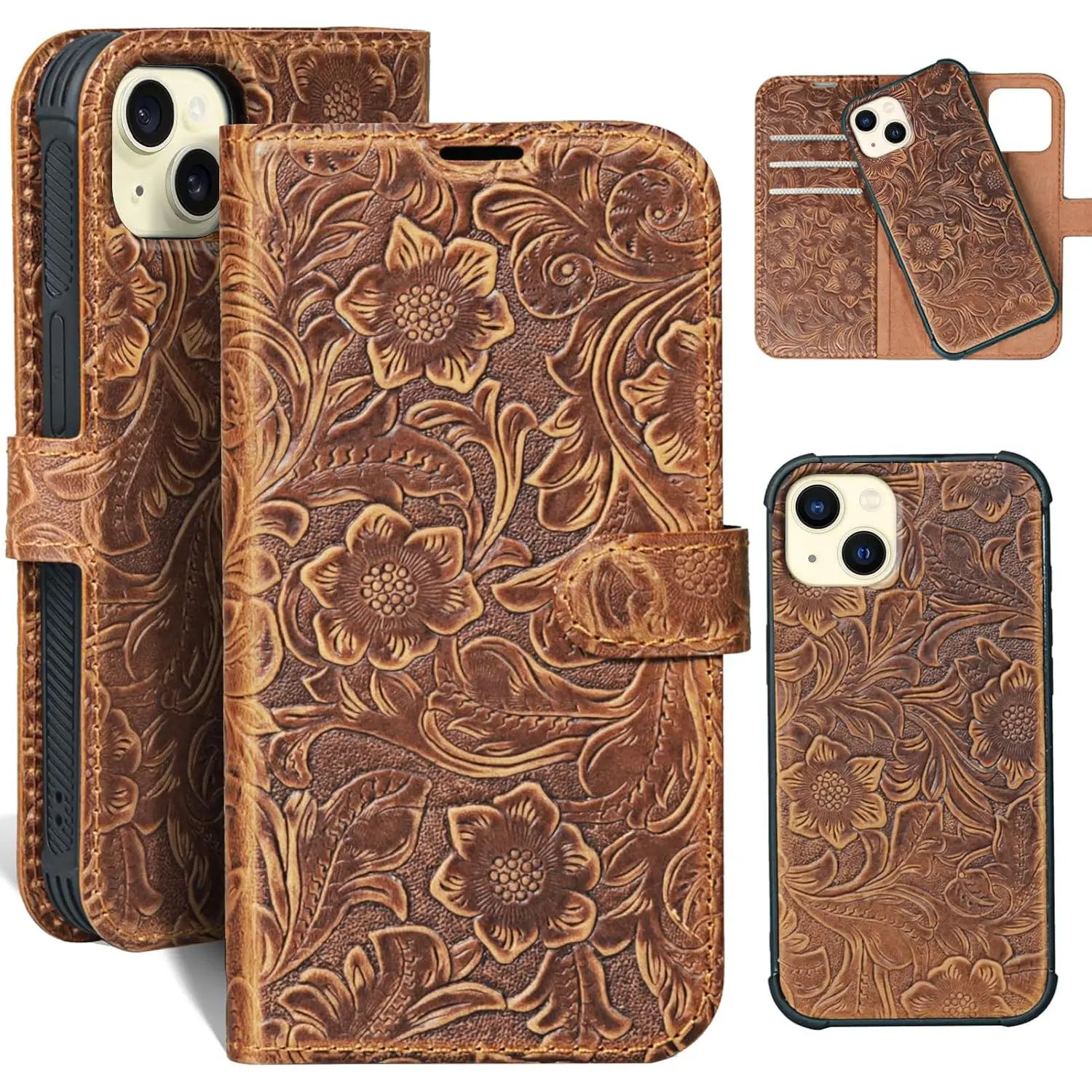 Leather Case Compatible with iPhone14 Wallet 6.1", 2-in-1  Detachable Shockproof,Flip Folio Cover with Card Slot, RFID Blocking Brown
