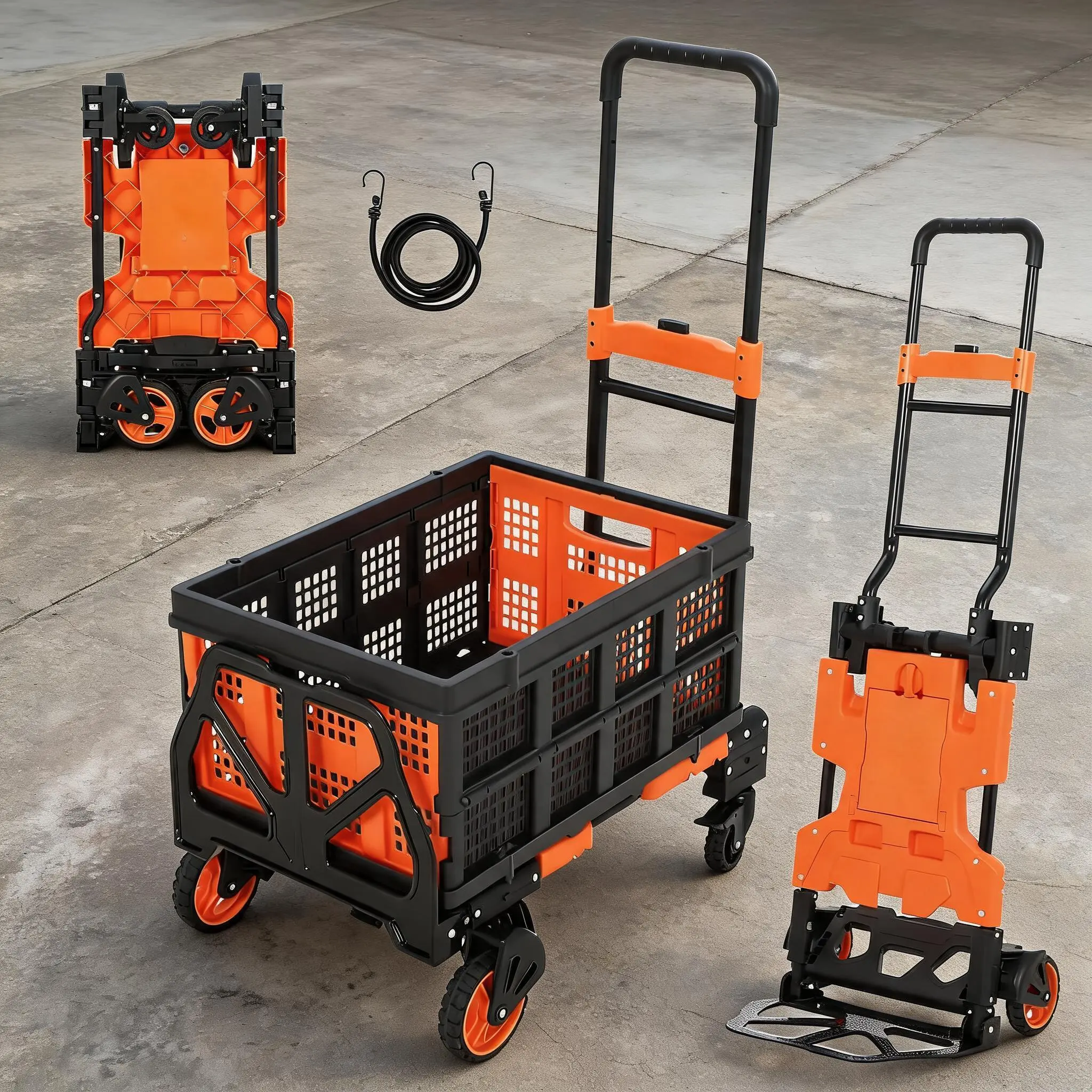 2-in-1 Convertible Folding Hand Truck Dolly – 330 LB Capacity Utility Cart – Switches from Upright to Flatbed, 360° Swivel Wheels, Collapsible Basket, Adjustable Straps, Telescopic Handle – Industrial Material Handling