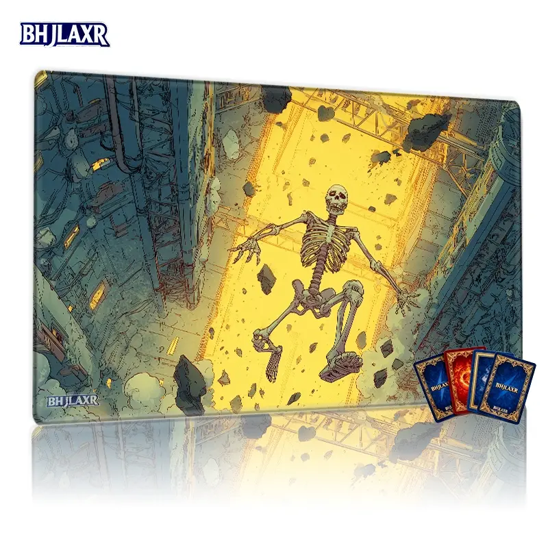 Giant Cartoon Skeleton in War-Torn Urban Alley MTG Playmat - 12x24in Non-Slip, Ideal for TCG Card Games, Family Gatherings, & Gift