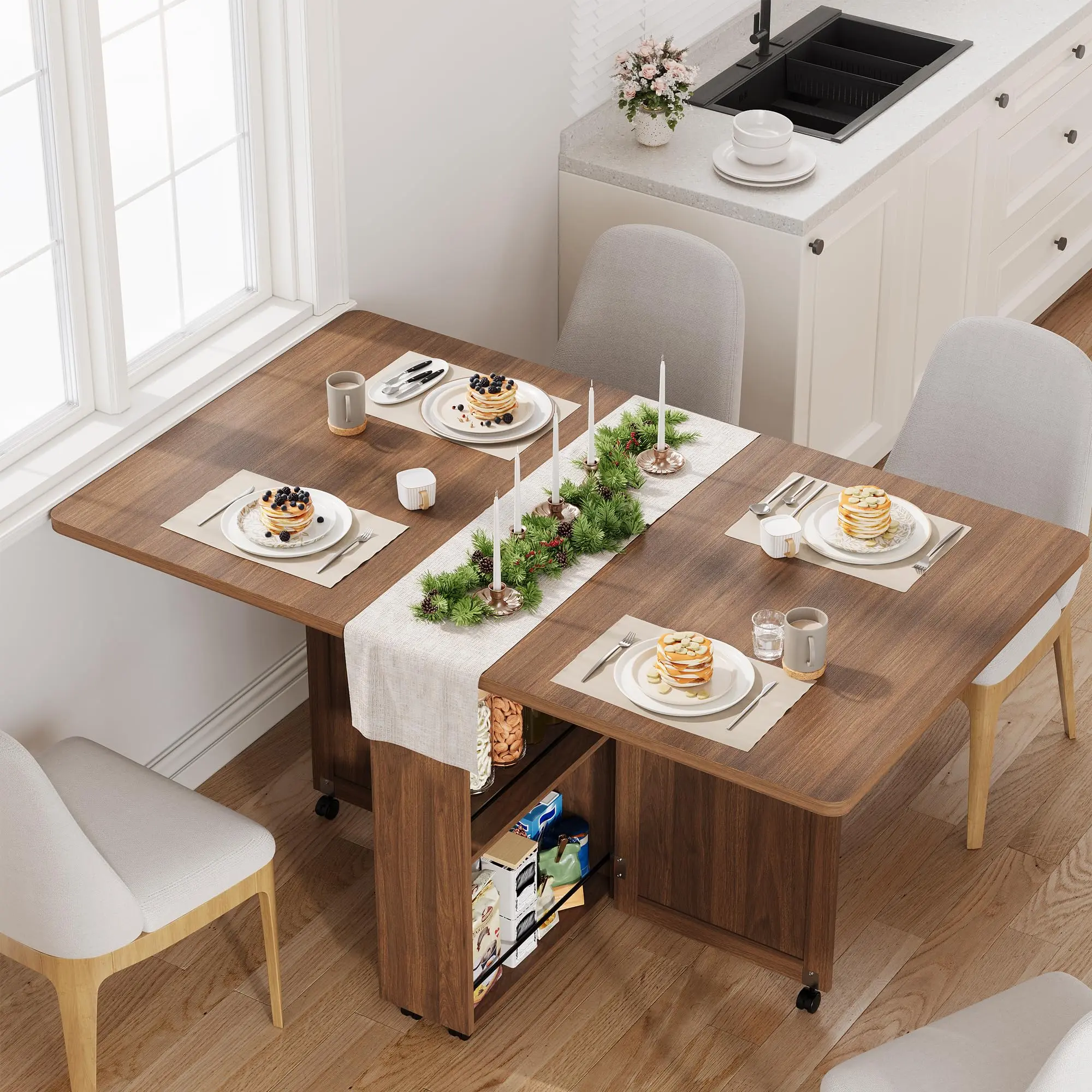Folding Dining Table with Storage – Kitchen Table with 6 Wheels, Drawer & Shelves, Compact Dining Table for Small Spaces