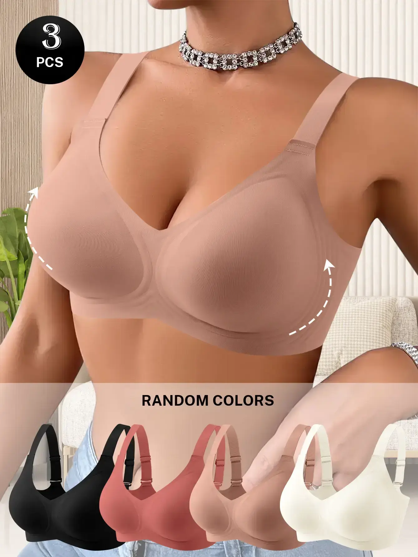 QUASTI Random Colors Women's Seamless Wireless Jelly Band Push Up Bras, Sexy Lightweight Solid Color Bralettes, Breathable Soft Stretch Cup Lifting Underwear, Invisible Skin Friendly Everyday Shaping Lingerie Set, S-5XL