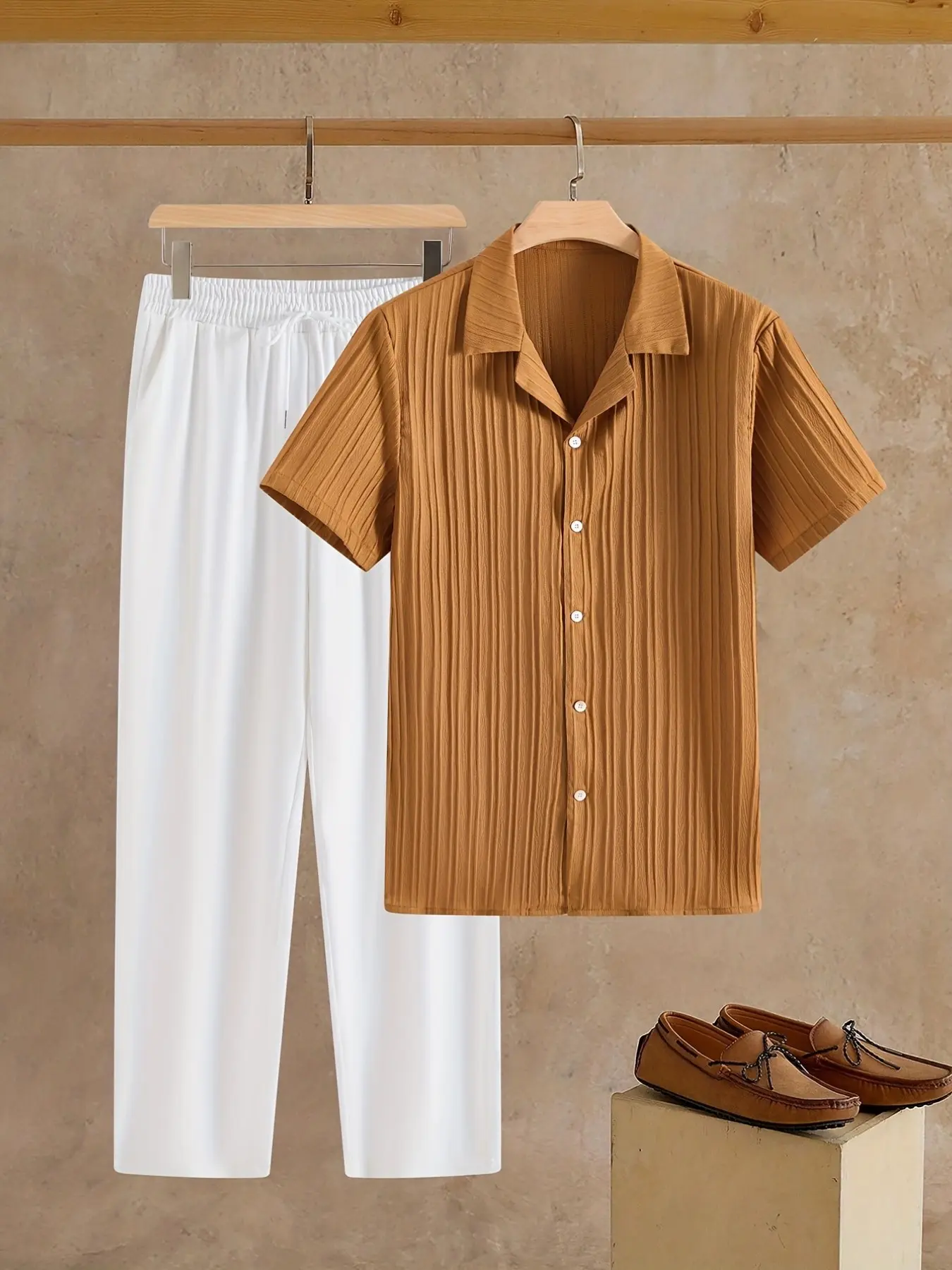Men's Cuban Collar Textured Short Sleeve Shirt Set, Casual Breathable Wrinkle-Resistant, Ideal for Summer Daily Wear, Clothes
