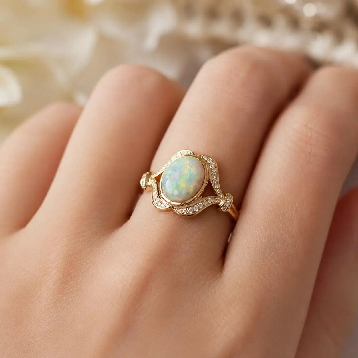 Vintage Opal Women Engagement Ring with Shiny Cubic Zirconia, Luxury Aesthetic Wedding Ring, Bridal Ring, Bridesmaid Ring, Elegant Jewelry for Daily Wear, Beach & Evening Party, Perfect Mother Day Gift