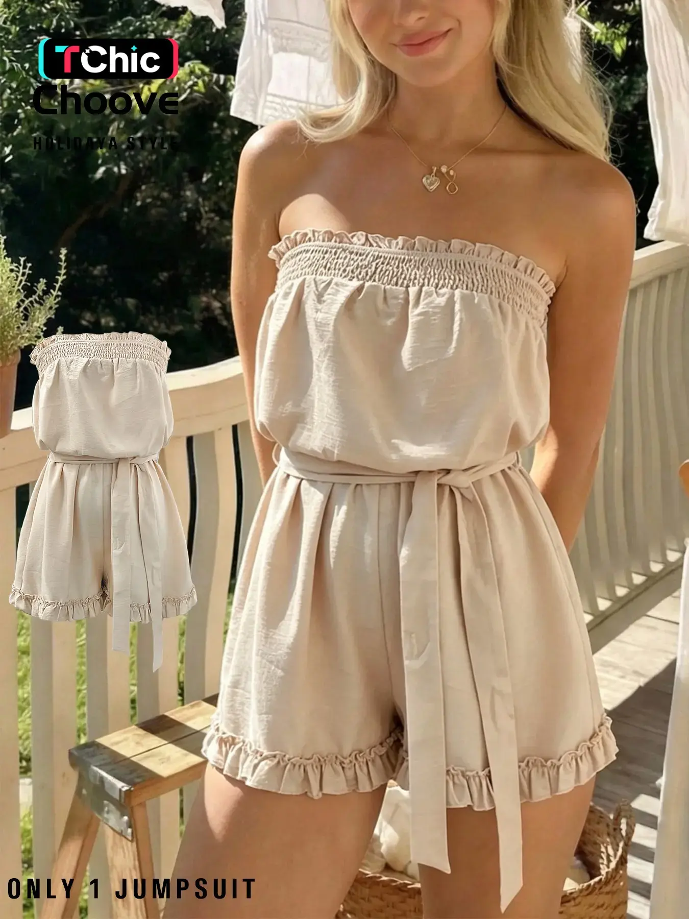 Summer Women's Wrap Top Romper, Strapless, Sleeveless, Lightweight Fabric, Ruffled Edge Design, Fit, Casual Daily Wear, Vacation, Comfortable and Stylish