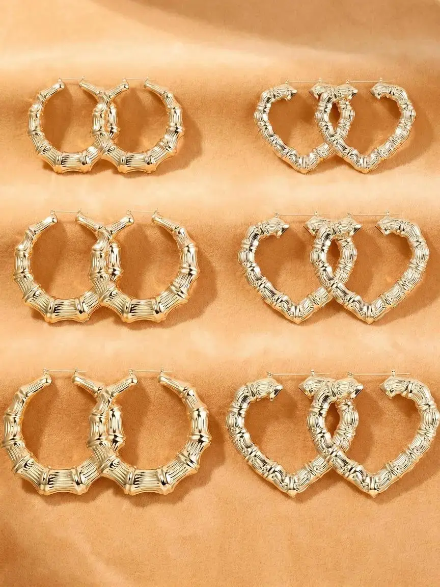 6-10 Pairs Bamboo Earrings Set Hollow Casting Hip-Hop Large Bamboo Earring For Women Oversize Different Shape Gold Hoop Earrings Set Fashionable Hoop Earrings Casual Trendy Jewelry Fashion Rapper Accessories Jewelry Earring Sets Earrings Hoops