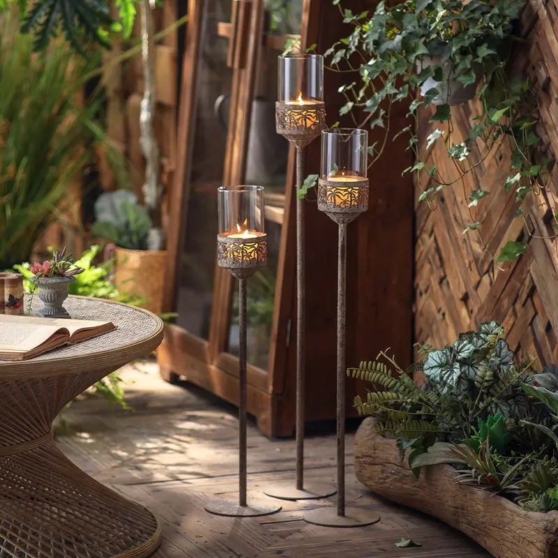 Vintage Metal Floor Candlestick, Tall Aged Iron Candle Holder, Windproof Glass Lampshade, Bohemian Home Decor, Gardens, Balconies