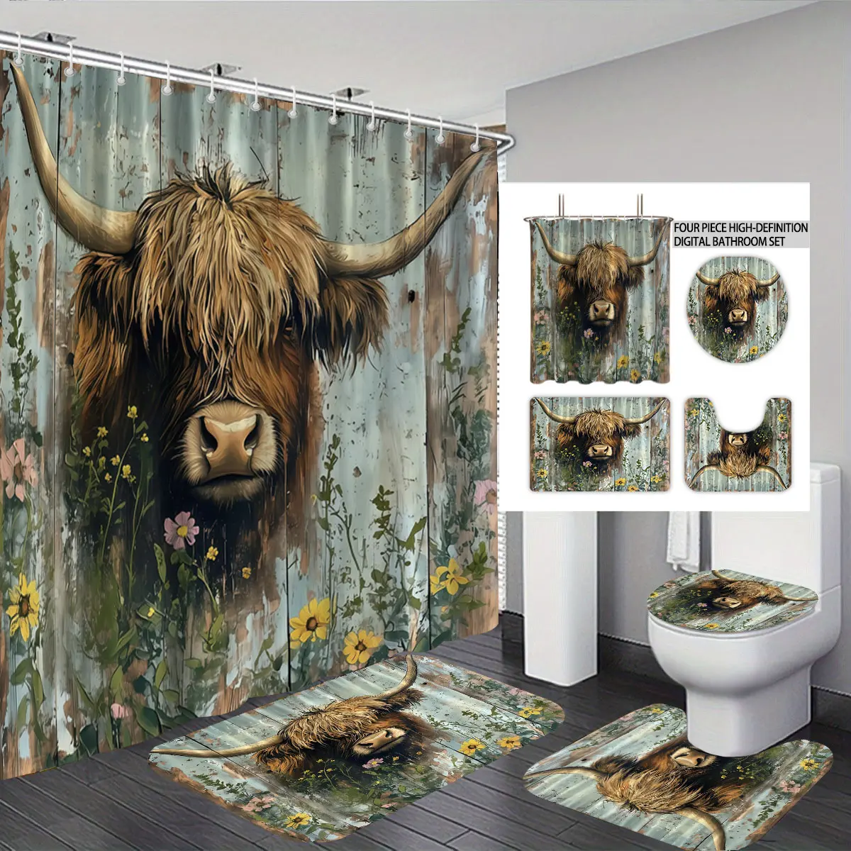 A four-piece digital-printed hand-painted highland cow flower bathroom set, including a Shower Curtain Boho, a bathroom floor mat, a U-shaped cushion, and a toilet seat cover, suitable for bathroom decoration