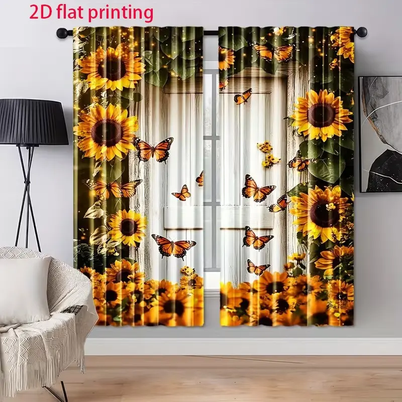 2-piece set, vintage sunflower and butterfly floral printed curtains, living room and bedroom decorative floral polyester rod pocket curtains, machine washable, semi-blackout curtains, Window Curtains