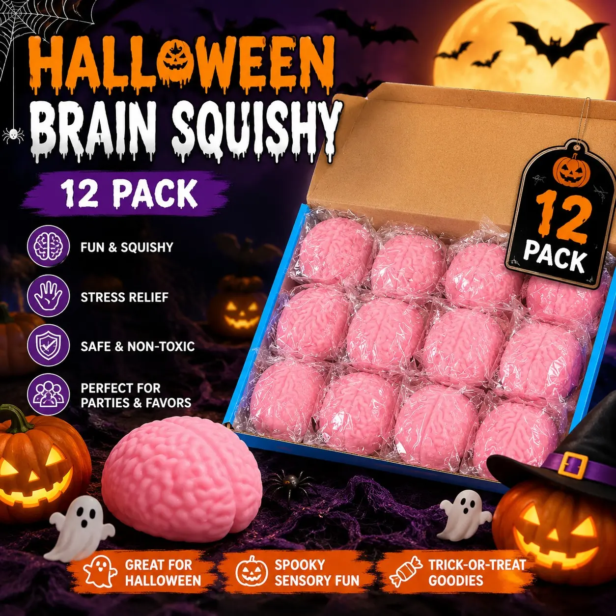 Halloween Brain Squeeze Toy Set, 12pcs Tpr Material Stress Relief, Washable Reusable, Sensory Training, Office Relaxation, Party Gift