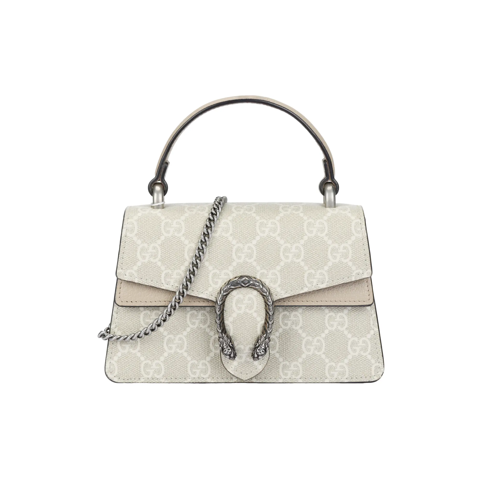 Gucci Vintage Monogram Tiger-Head Magnetic Closure Leather Crossbody Bag for Women, Beige and Ebony