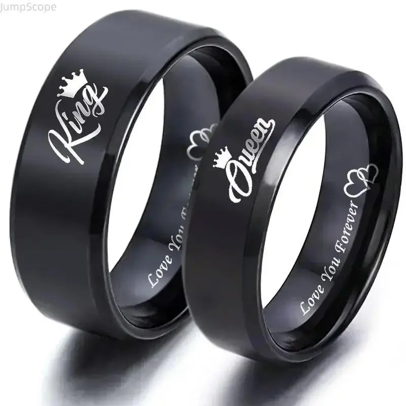 King Queen Couple Rings Set Black Titanium Stainless Steel Matching Promise Bands Engraved Love You Forever Couple Jewelry Gift for Anniversary Lovers