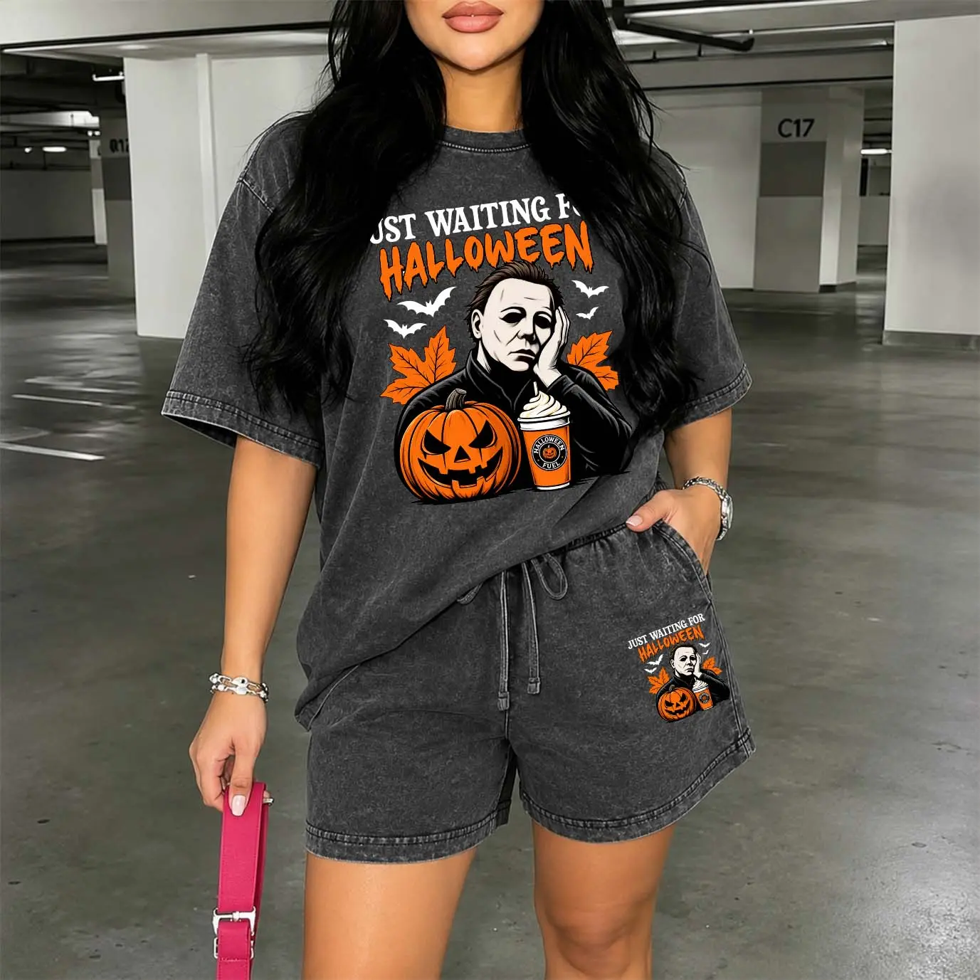 Women's Washed Cotton Shorts Two-Piece Set: A Uniquely Styled Halloween Ghost-Themed Party Outfit. Featuring "Just Waiting for Halloween Patterns, And Pumpkin Designs. Also Suitable As Casual Summer Loungewear.