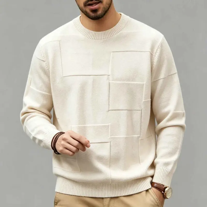 Men Solid Cream Textured Geometric Square Knit Sweater Crew Neck Long Sleeve Loose Fit 3D Embossed Pullover Knitted Top Casual Minimalist Streetwear Fall Winter Basic Jumper