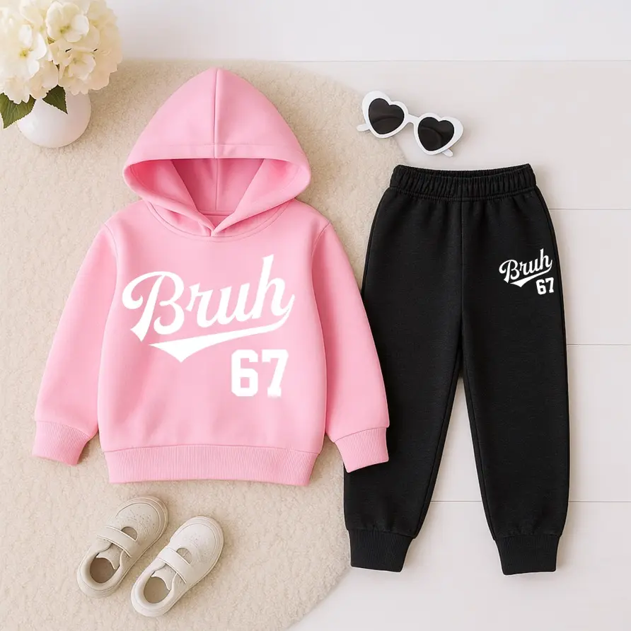 Girls' Bruh 67 Print Hooded Tracksuit Set, Featuring A Fleece-Lined Hoodie And Sweatpants, Perfect For Sports, Casual Wear, And Jogging In Autumn And Winter, Suitable For Both Indoor And Outdoor Activities.