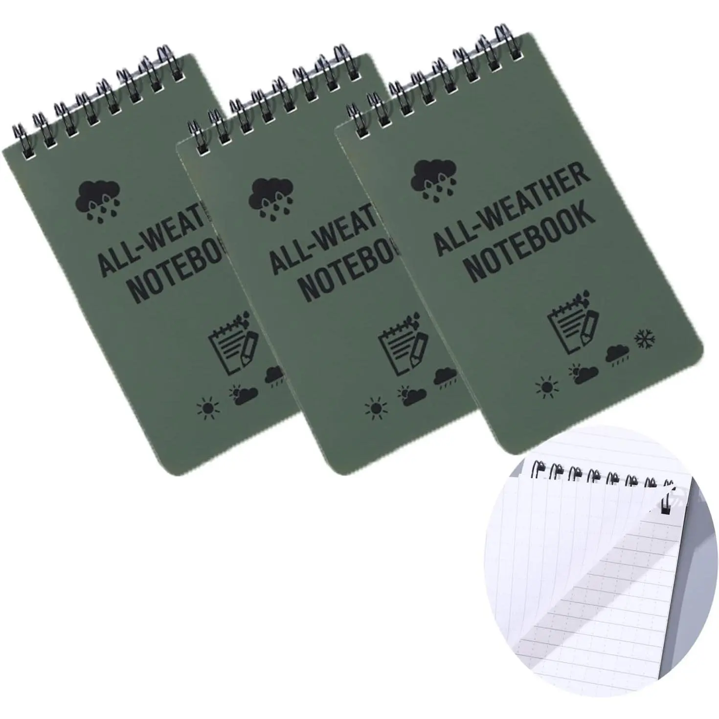 3pcs Waterproof Pocket Notebooks, 3 x 5 Army Green All-Weather Spiral Memo Pads, Write in the Rain Notepads for Outdoor Use