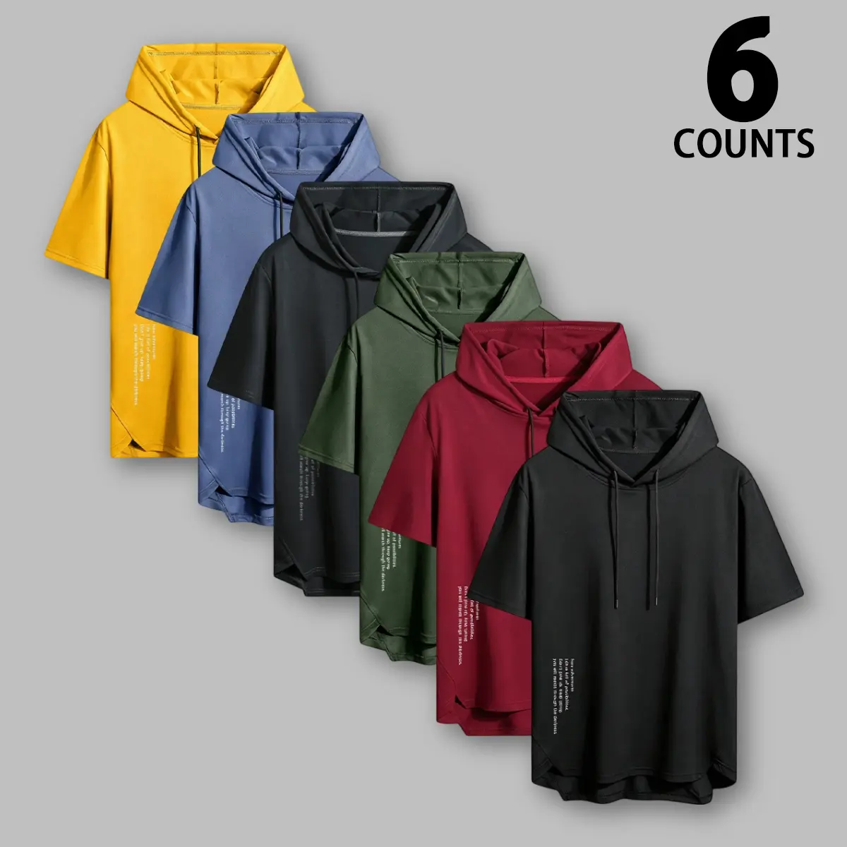 Men's 6-Pack Hooded T-Shirts - Shortsleeve Polyester Tops with Fitted Cut, Adjustable Drawcord, Medium Length, Solid Design, Machine Washable, Standard Sizes, Casual Sport Summer Mens Clothing