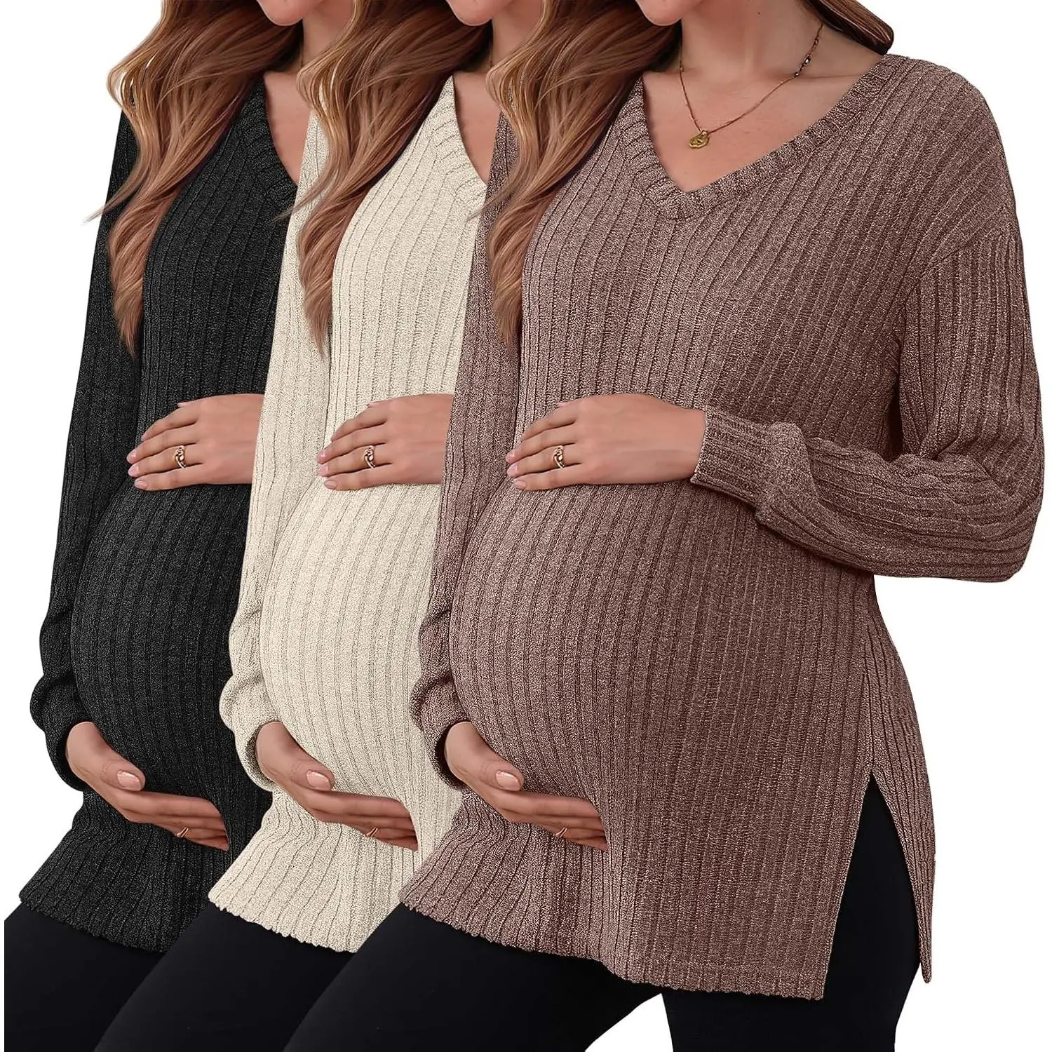 3 Pack Maternity Sweaters Winter Clothes Long Sleeve V-Neck Pregnancy Sweaters Side Split Shirts Pregnant Fall Winter Clothes Ribbed Maternity Tops Casual Work