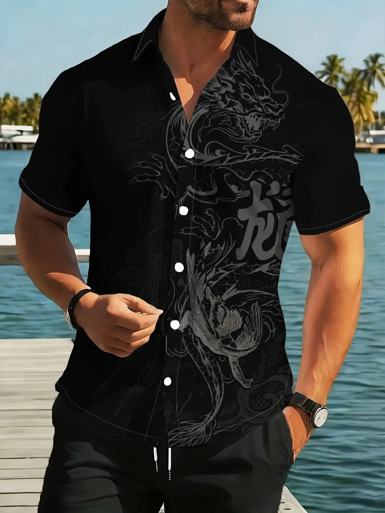 Men's Cool Chinese Style Dragon Totem Digital Print Shirt, Traditional Eastern Mythology Pattern, Cultural Casual Short Sleeve Blouse, Menswear