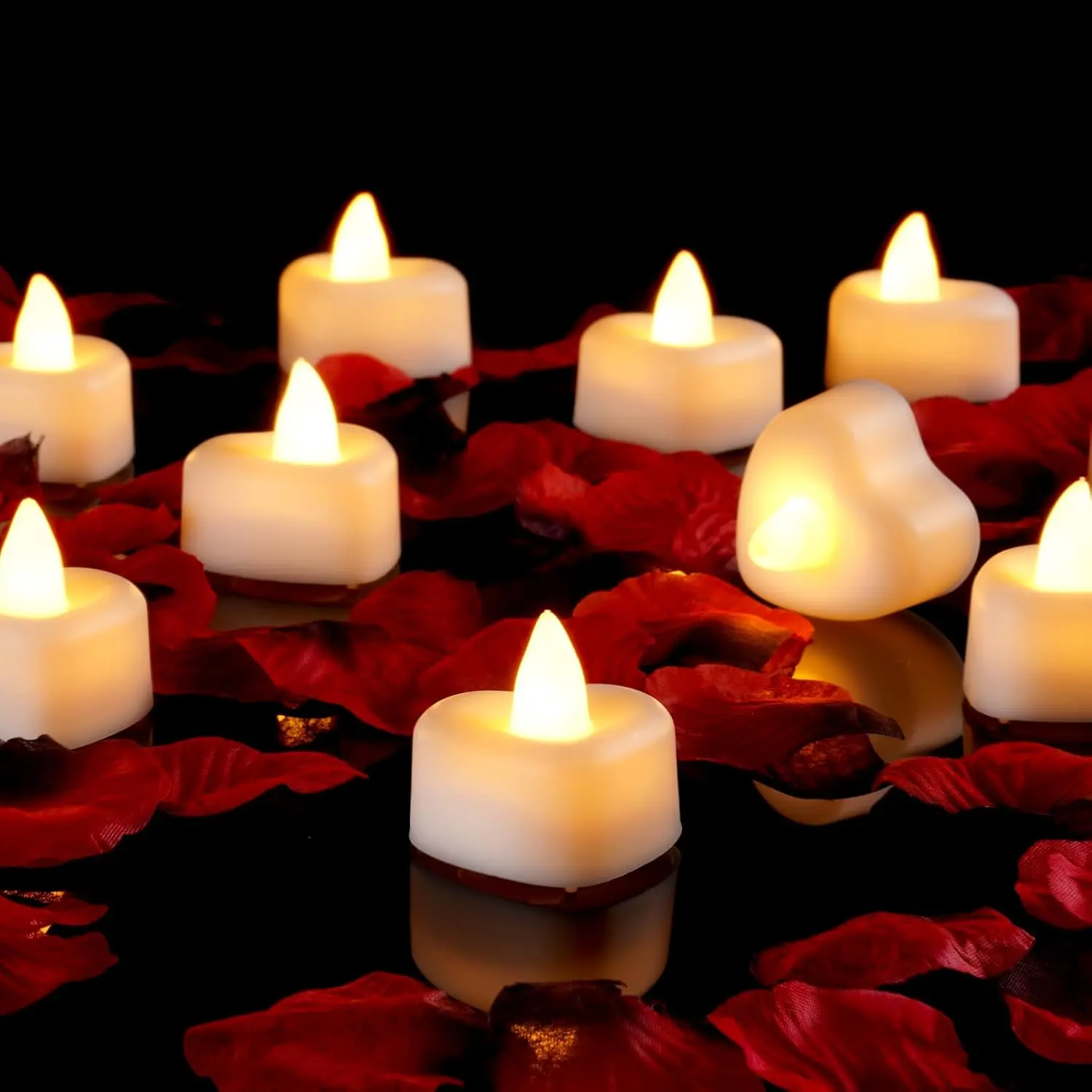 LED Decorative Light Set with 1000 Artificial Rose Petals & 24 Romantic Heart-Shaped Reusable Candles for Valentine's Day, Wedding, Anniversary Floor-to-Bed Setup, Led Candle Lamp, Home Decor Lighting
