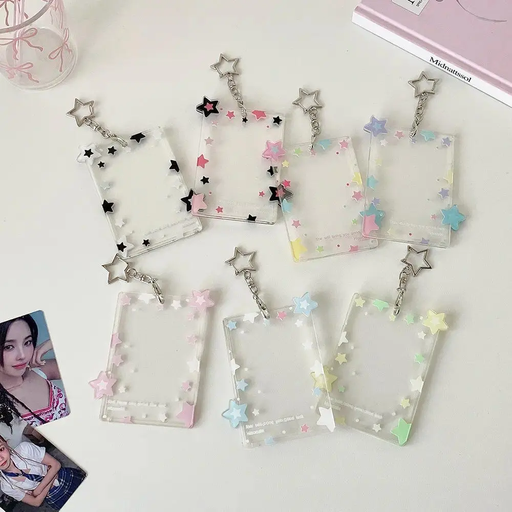 Pastel Star Clear Acrylic Photocard Holder with Matching Star Keychain, Cute Portable Protective Sleeve for KPOP Idol Photocards