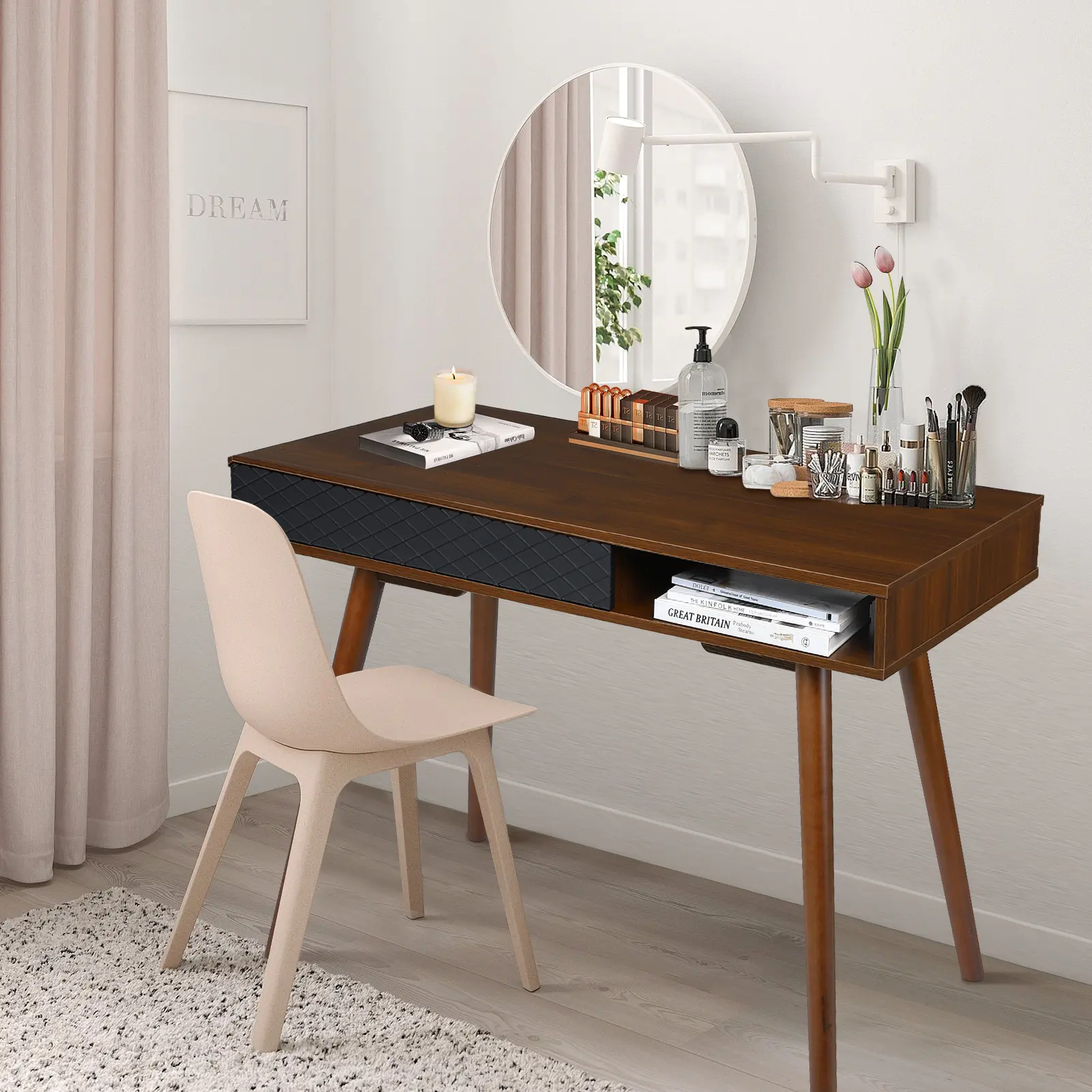Mid-Century Modern Desk 70.9" Large Walnut Drawer Storage Retro Wood Computer Table Home Office
