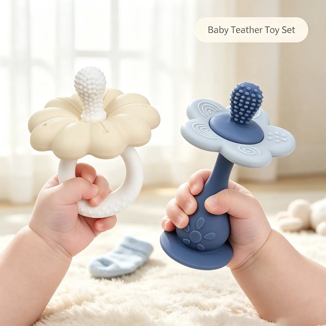 2pcs/set Flower Teething Toy for Babies, Silicone Teether, Strong Suction Base, Adhesive Desktop & Bathroom Toy, Flower Nipple Design, Infant Teether