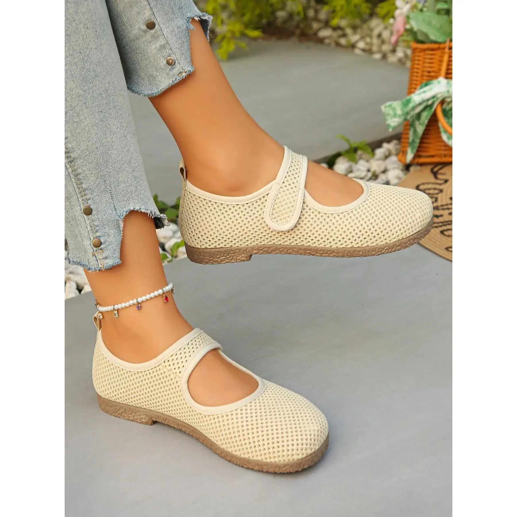 Women's YYW1 Mesh Mary Jane Flats - Breathable Hollow-Out Velcro Strap Shoes, Fabric & Rubber Soft Sole, Lightweight Casual Everyday Footwear
