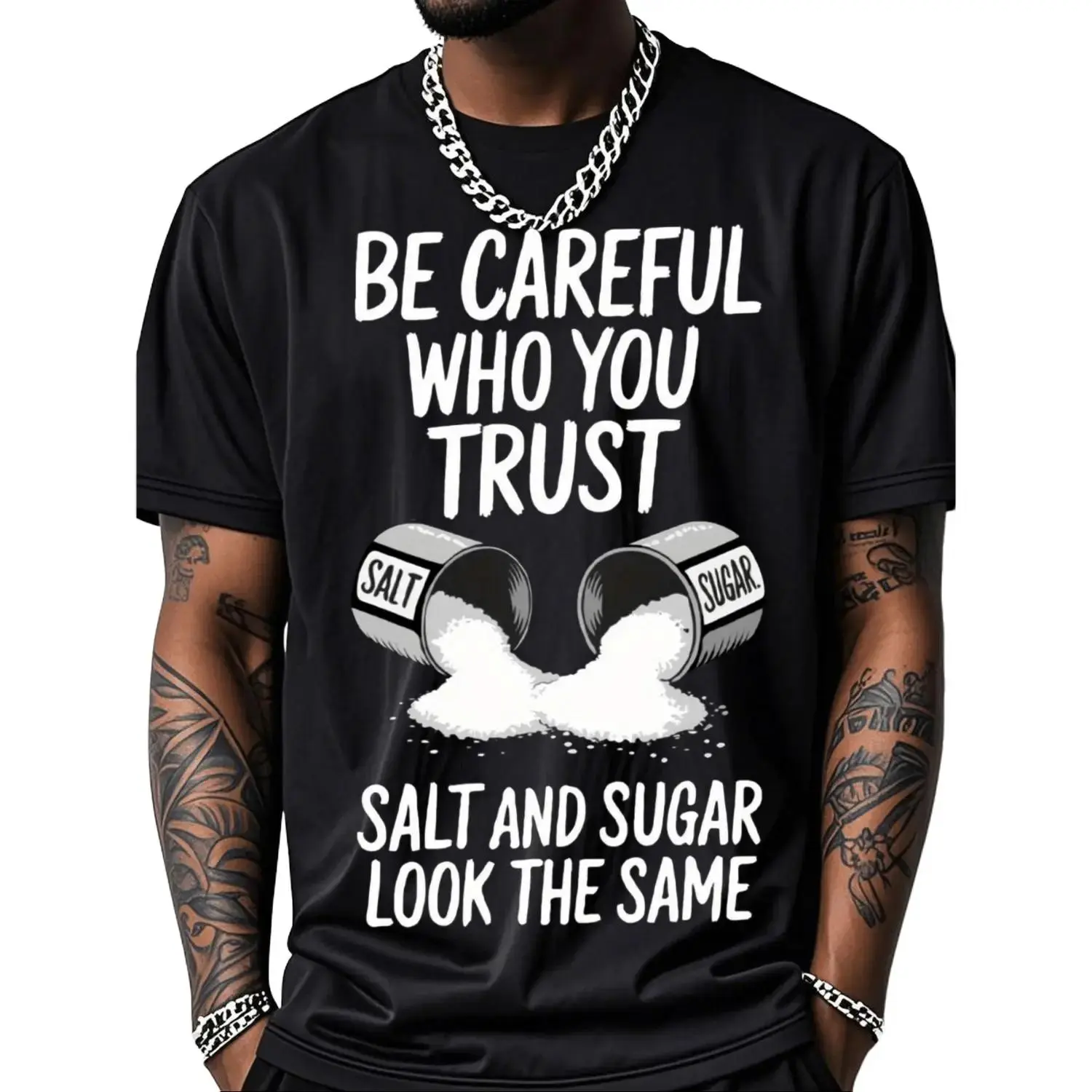 Men's Casual Cotton Tshirt - Menswear, Short Sleeve Round Neck Top with Salt Graphic Print & "Be Careful Who You Trust" Slogan for Outdoor Use, Shortsleeve, Graphic T Shirts, Textured Fabric, Warmer Weather