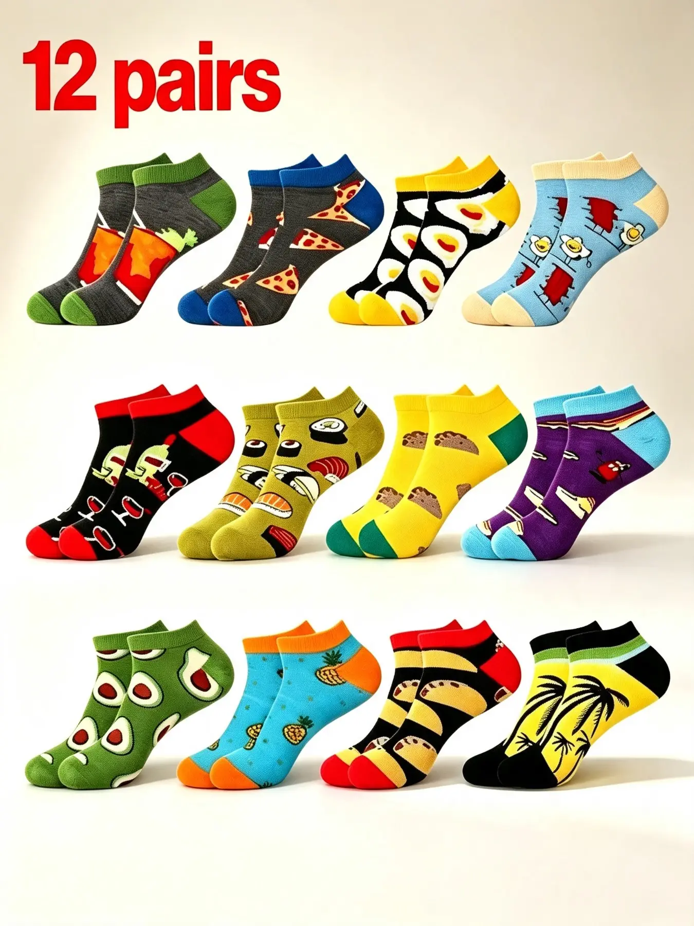 12 Pairs Fun Low Top Food Cartoon Men's Crew Socks, Soft Comfortable Breathable Fabric, Ideal for Daily Wear, Gifts for All Ages