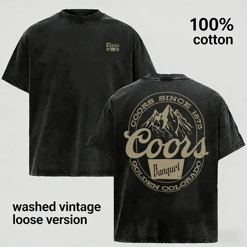 Men’s 100% Cotton Comfy Short-Sleeve Vintage Washed Western Mountain Graphic Oversized Menswear Top, Loose-Fit Retro Cowboy Casual Tee, Soft Breathable Desert Ranch Streetwear Gift for Rodeo Fans