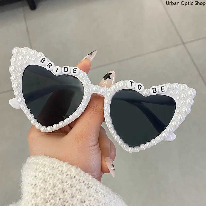 XUH Women's Pearl-Trimmed Heart-Shaped Bride-to-Be Sunglasses, White Frame, Dark Tinted UV400 Nylon Lenses, UV-Protective Fashion Eyewear for Bachelorette Party, Wedding Photoshoot, Uv Protection, Eyewear Fashion, Adults, Tr 90 Nylon, Uv400 Tinted