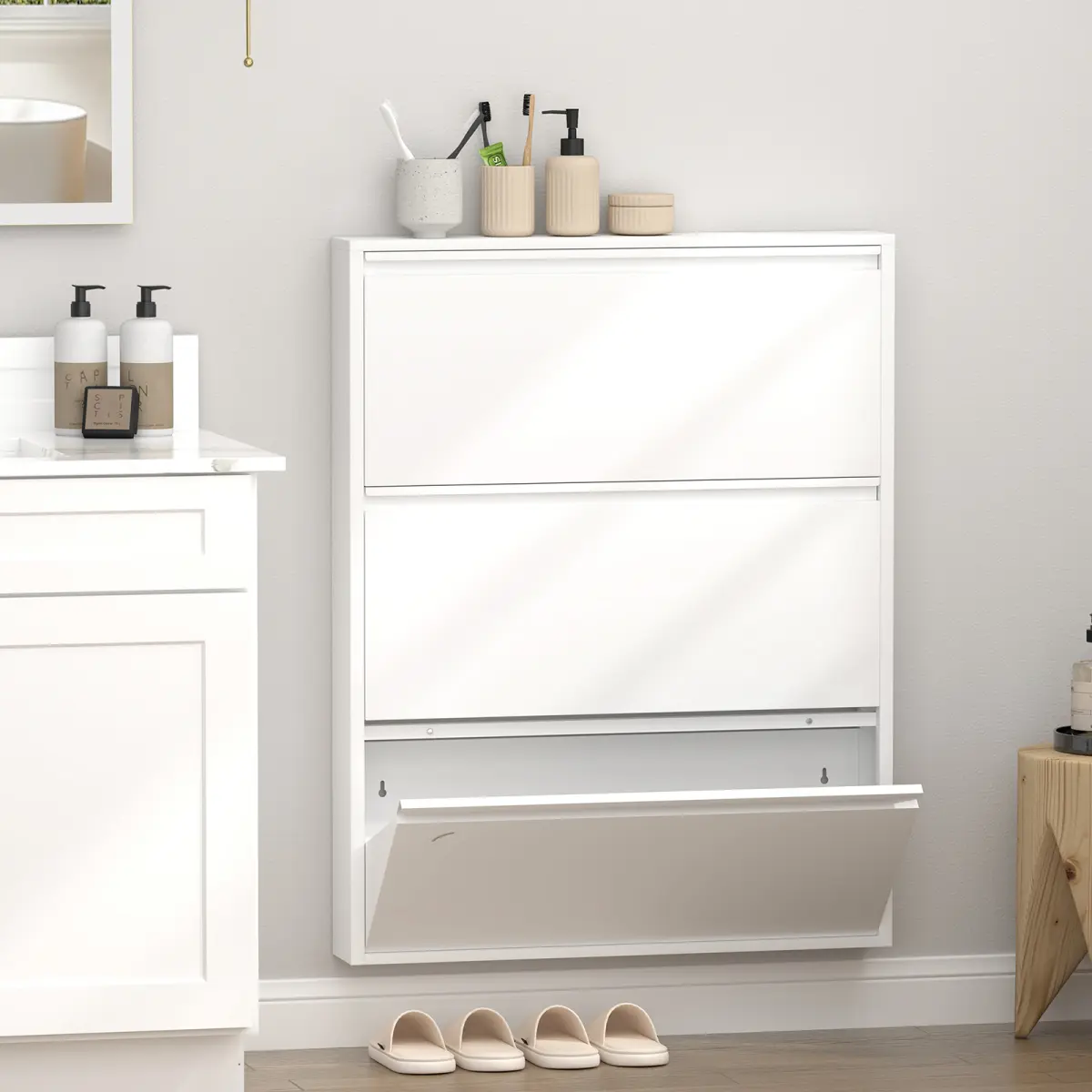 White Wall-Mounted Metal Shoe Cabinet - 3 Flip-Out Drawers, Narrow Simple Hidden Shoe Storage for Entrance