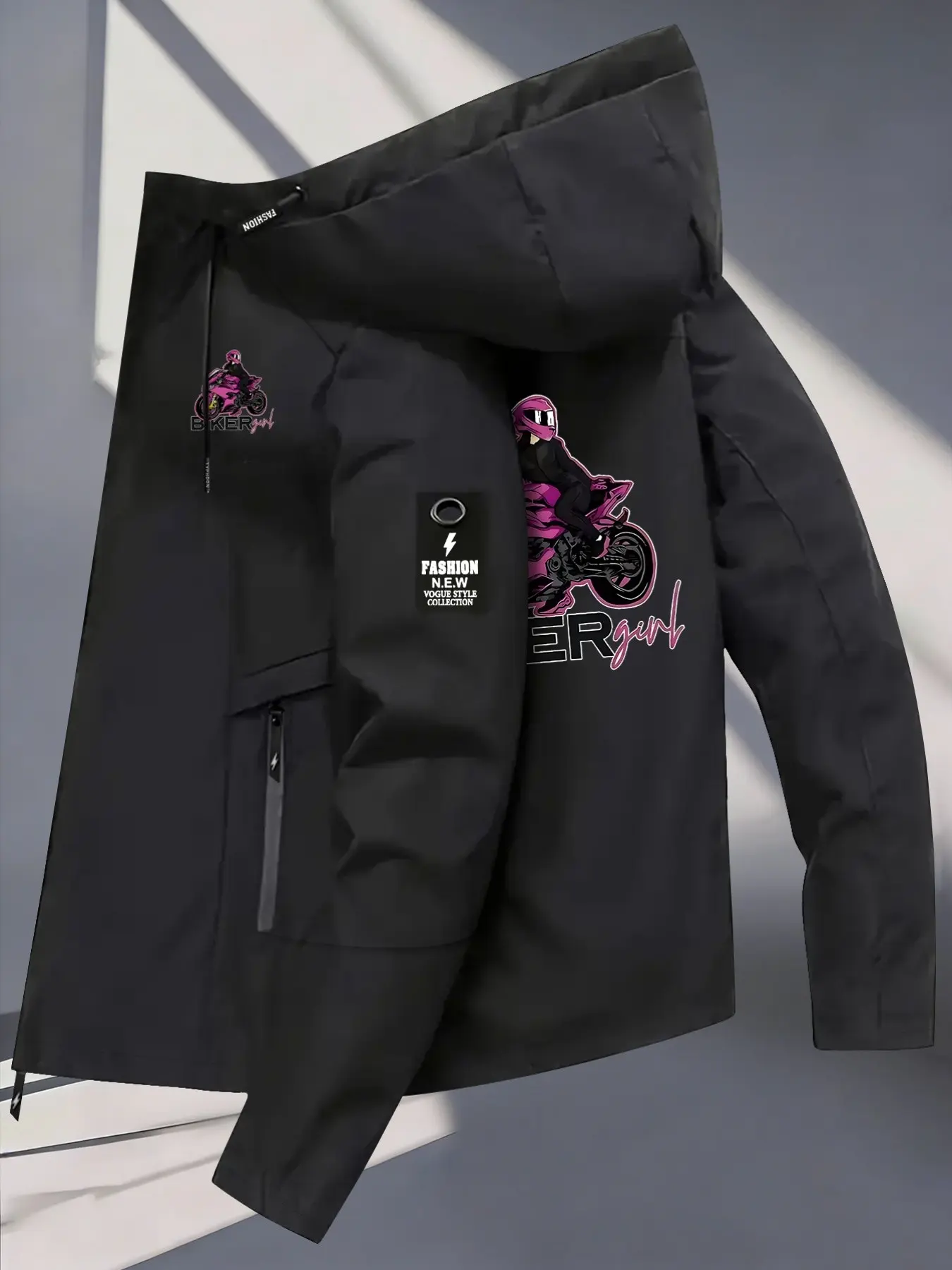 Women's Hooded Windbreaker Jacket Double sided, Reversible jacket, Pink Moto Print Jacket Two Color Loose All Season Warm Ideal for Daily Commute Hiking Climbing Wear Skin Friendly Breathable Machine Washable Plussize Casual Outerwear
