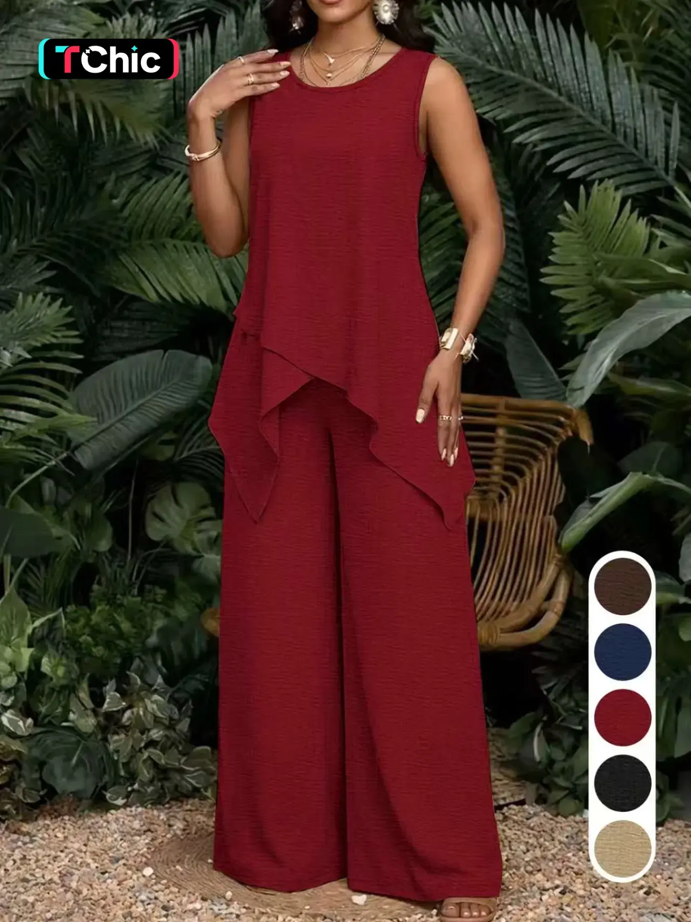 Two-Piece Chic Outfit Set, Round Neck Asymmetrical Hem Sleeveless Top and High-Waist Wide Leg Pants, Casual Daily & Travel Wear