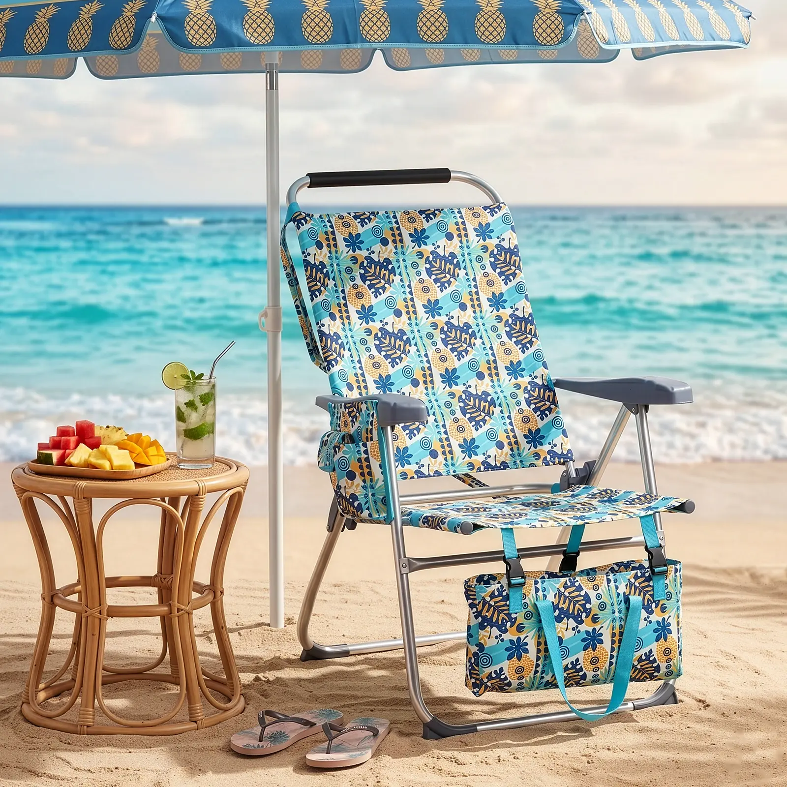 High Seat Beach Chair - 7-Position Folding Aluminum Alloy Recliner with Vintage Prints, Oxford Fabric, Armrest, Cup Holder, Tote Bag for Outdoor Leisure, Poolside Reclining Seats, Portable, With Holder, Adjustable Portable Chairs, Collapsible Frame Chairs