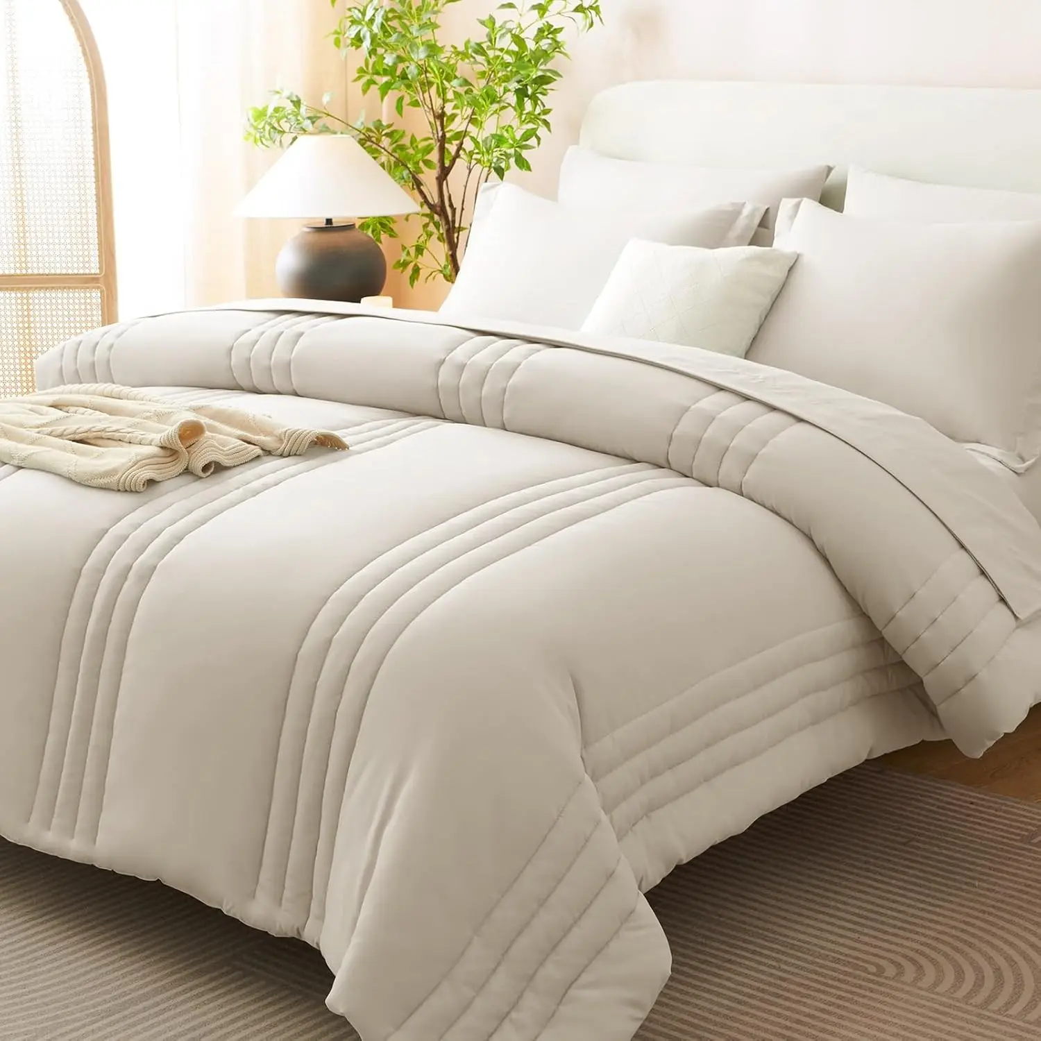 7-Piece Beige Queen Bed Set - Vertical Quilted Bed-in-a-Bag with OEKO-TEX Cert, 240 GSM Weight Down-Alternative Comforter, 14" Deep-Pocket Sheets, Shams & Pillowcases, Lightweight