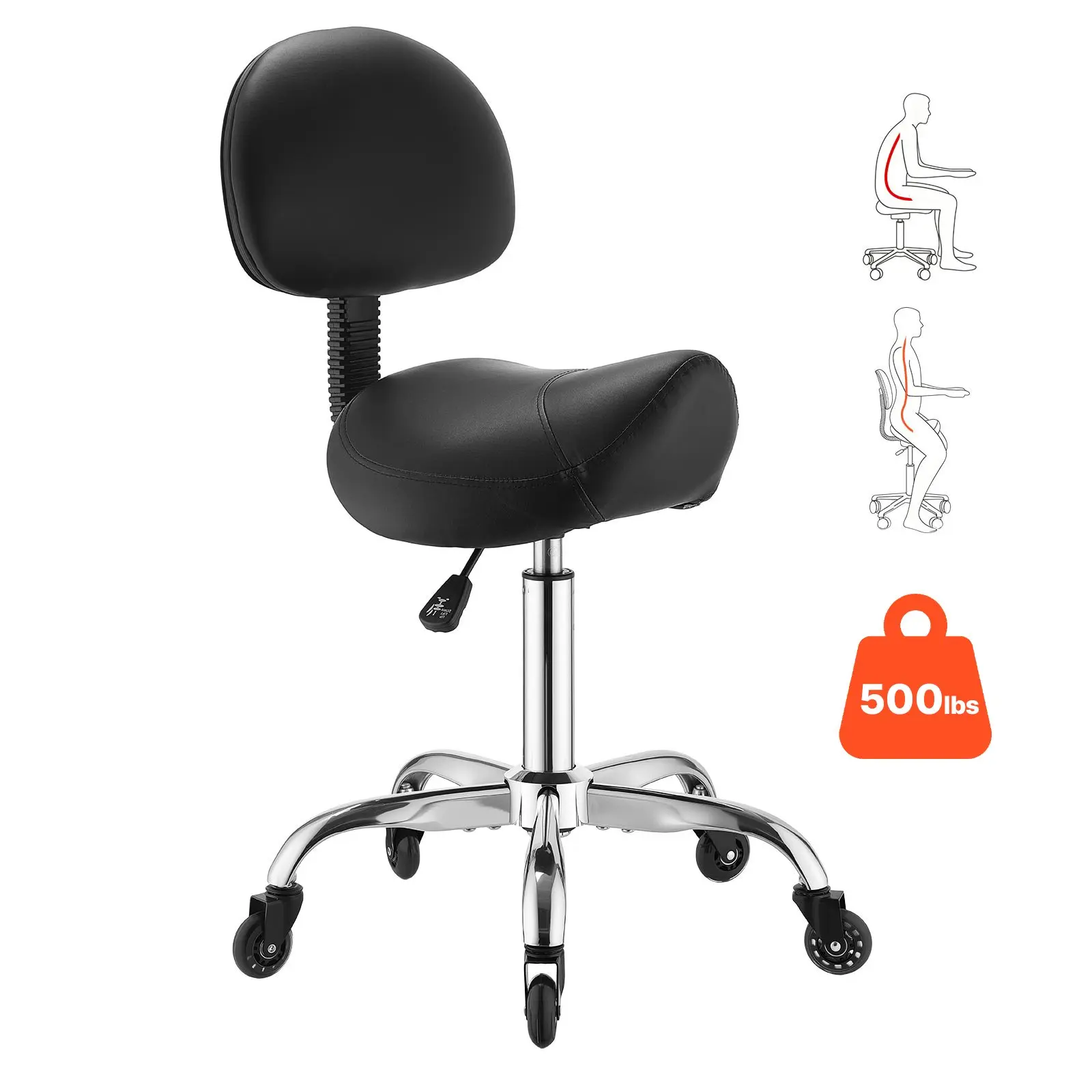 VEVOR Ergonomic Saddle Rolling Chair with Back Support, 500lb Weight Capacity, Gas Lift Height Adjustment, Quiet Casters, PU Leather Seat, 360° Swivel for Salon, Medical Use, Black, Swivel Stool, Without Arms