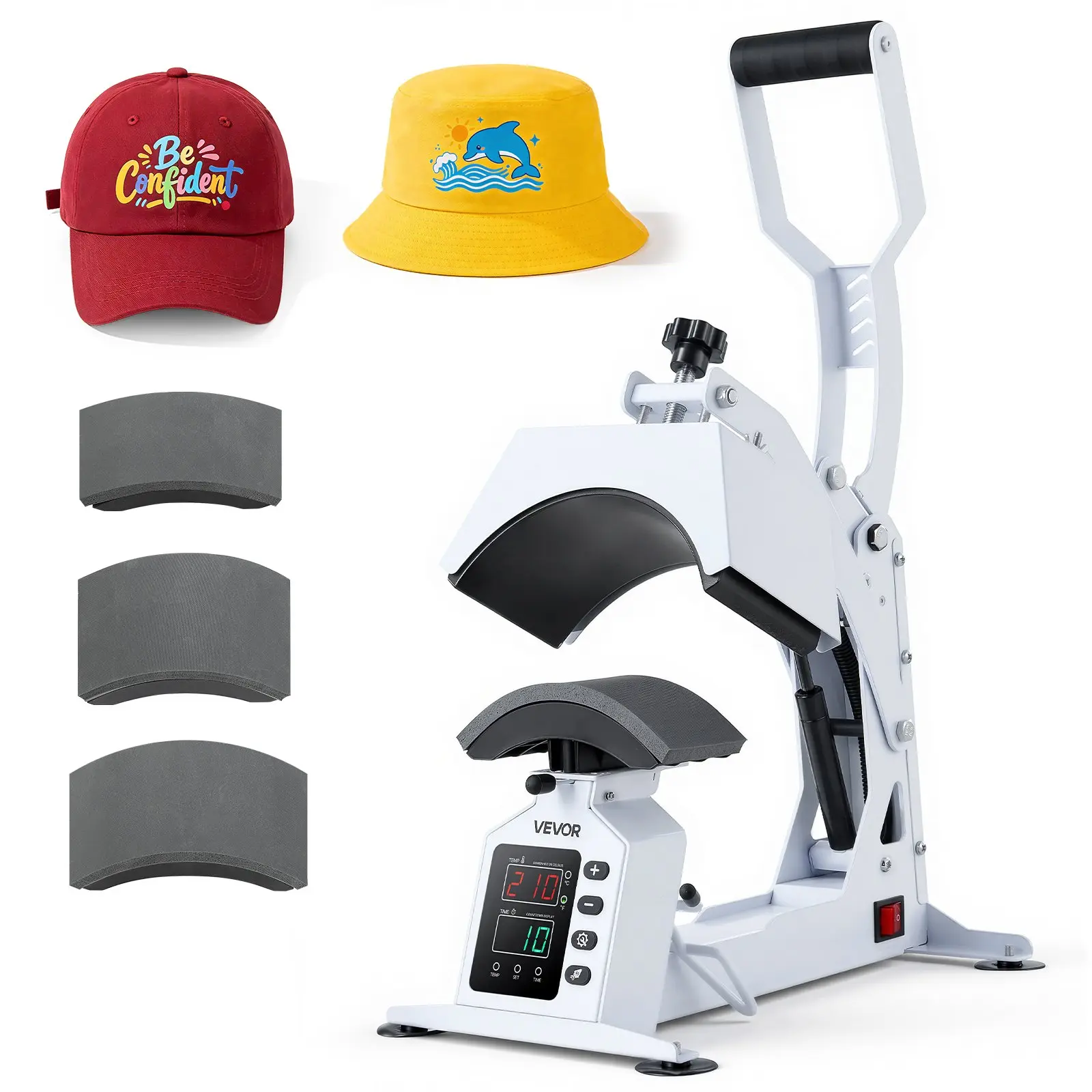 VEVOR 4-in-1 Hat Heat Press Machine, 14.2x8.5x13.8 in 17 lbs, 4 Interchangeable Platens & Cap Stretcher, Precise Temp & Time Control, Auto Shut-Off, Boosts Output, for HTV Iron-On & Sublimation Projects, White