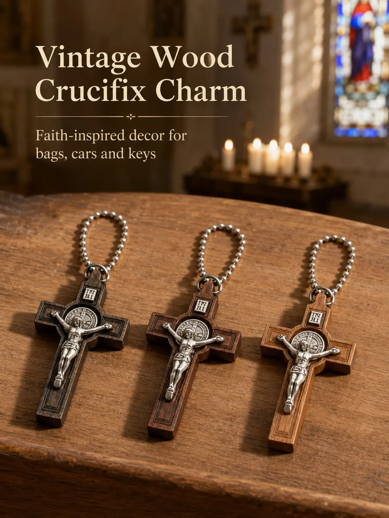 St Benedict Wooden Crucifix keychain,Catholic Christian Believers Solid Polished Walnut Wood Jesus Christ Cross Pendant with Embossed St Benedict Protection Medal,Anti-Tarnish Stainless Steel Round Ball Bead Chain,vintage wood devotional religious car fob