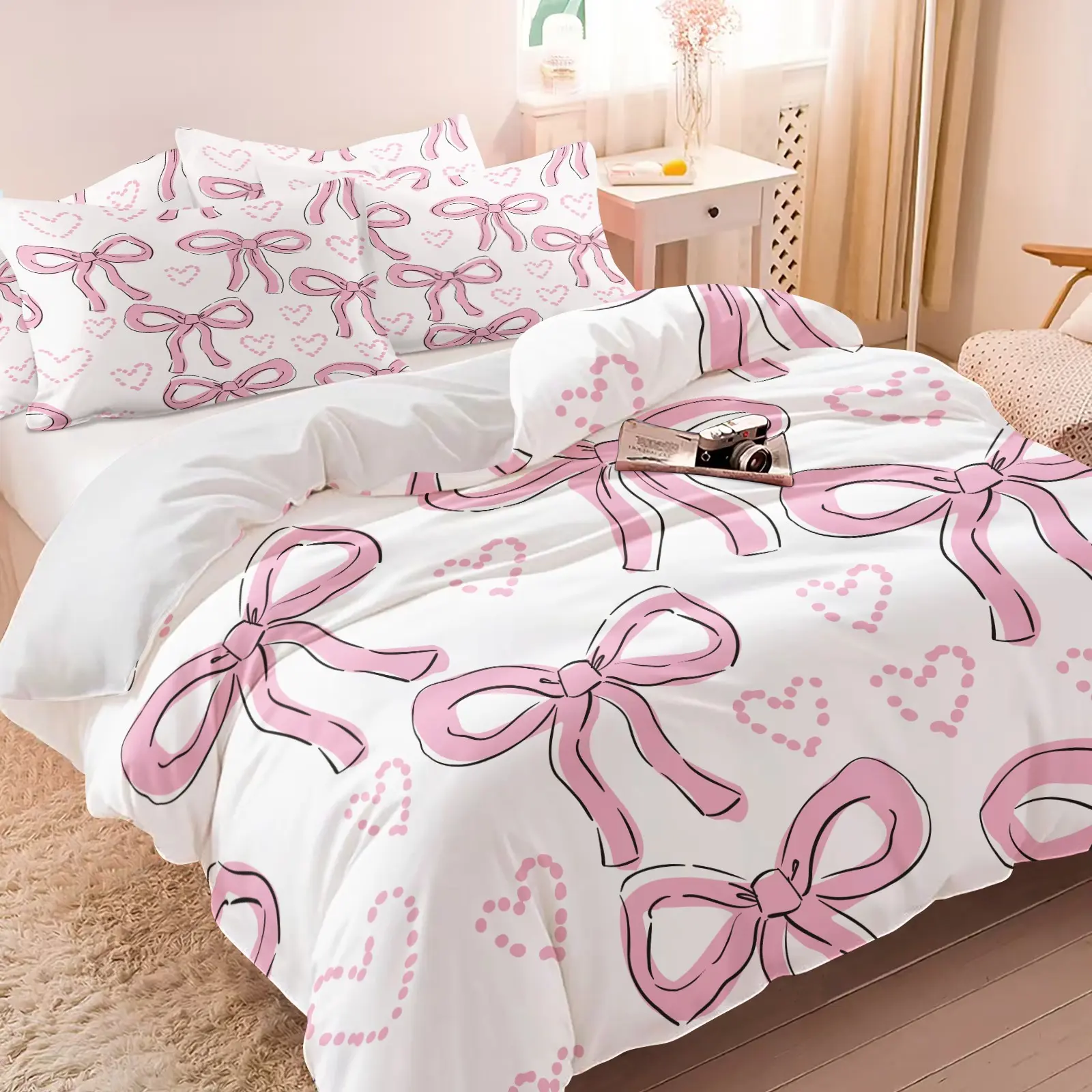 3PCS White Base Pink Bow Dot Heart Duvet Cover Set (1 Duvet Cover + 1-2 Pillowcases), White Background Large Pink Bow Beaded Heart HD Digital Print, Soft Cozy Skin-Friendly All Seasons Bedding, Perfect for Coquette Cute Girls Bedroom Decor
