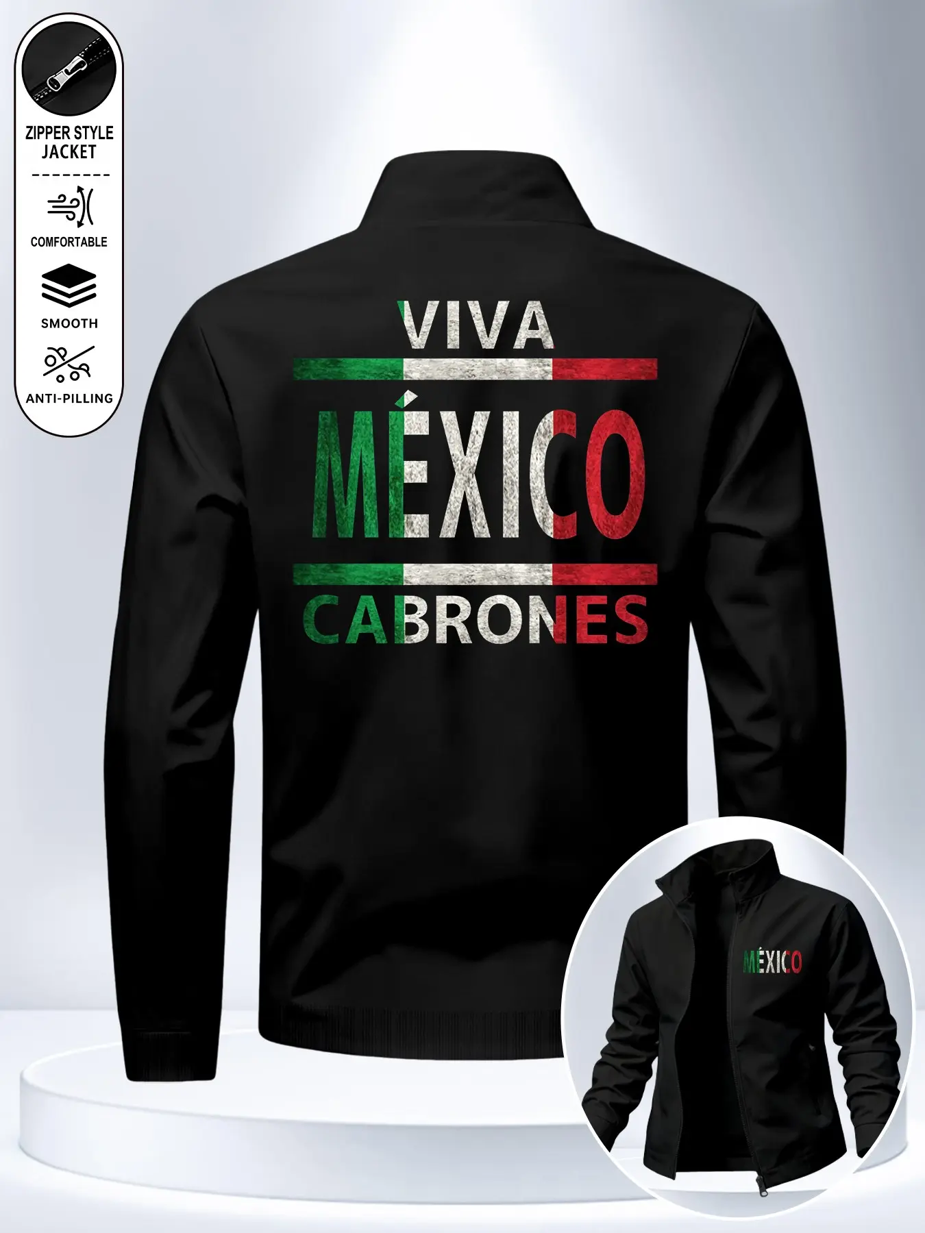 Men's Zipper Stand Collar Thin Jacket, Viva Mexico Retro Print Coat, Comfortable Fashion High-Quality, Ideal for Daily Wear and Gifting