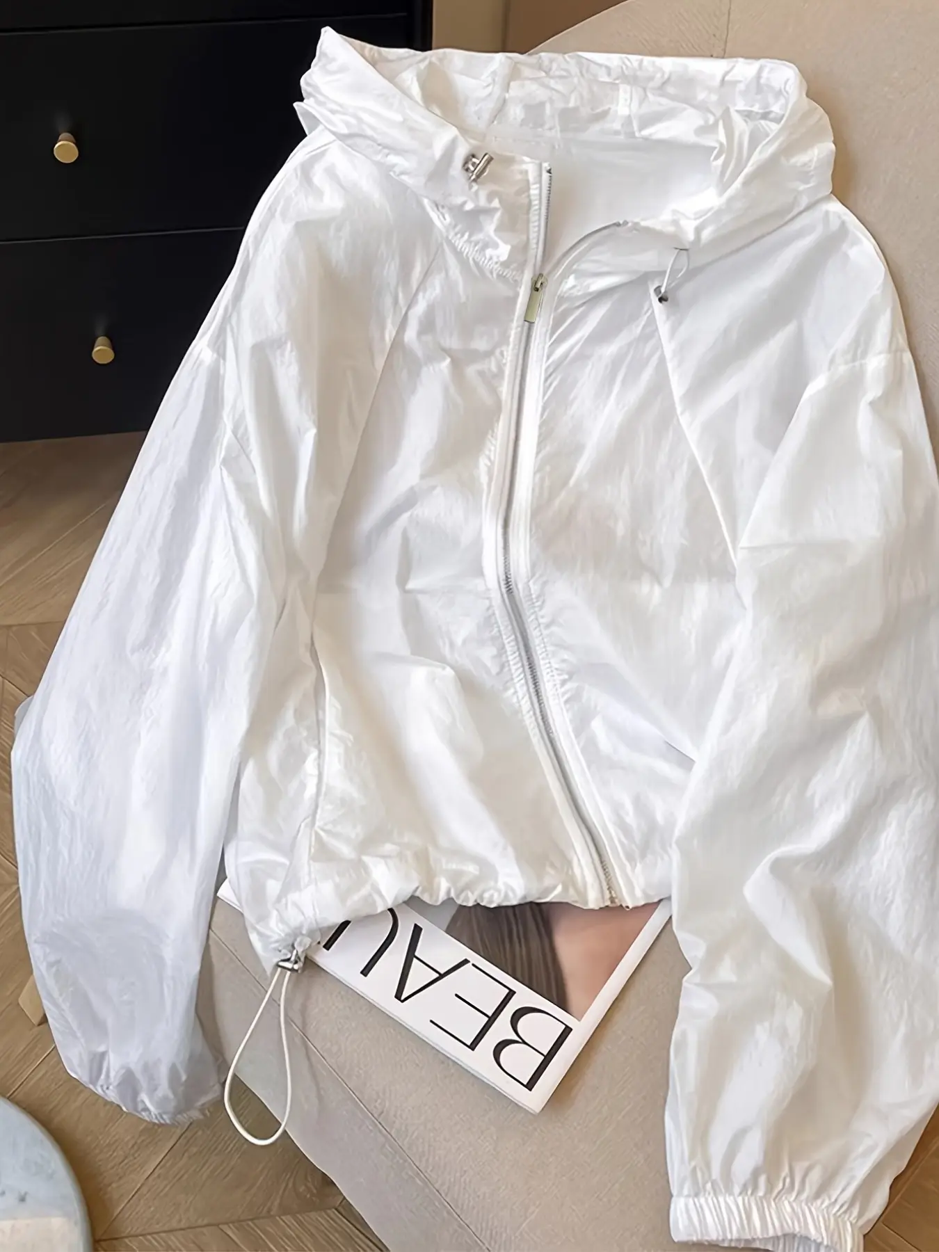 Women's Casual Hooded Lightweight Windproof Jacket, Full Zip Summer Quick-Dry Coat, Elastic Sleeve + Drawstring Hood, Outdoor Sun Protection