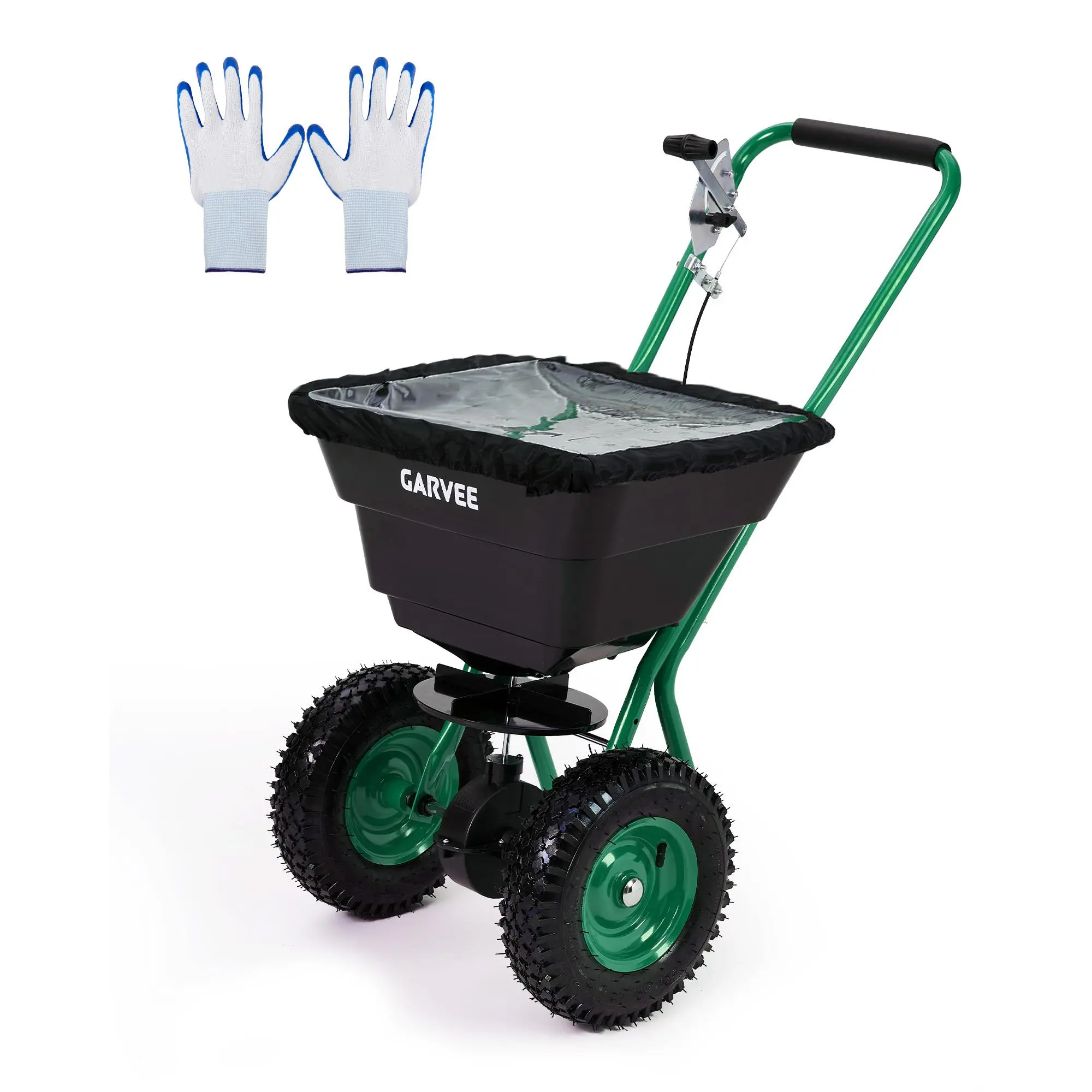 Heavy Duty Push Broadcast Spreader for Lawn & Garden – 80/100lb Large Capacity, 12ft Spread Width, 10" All-Terrain Pneumatic Wheels, Adjustable for Seed, Fertilizer, Salt, Ice Melt, Durable Steel Frame, Poly Seeder, Rain Cover & Gloves