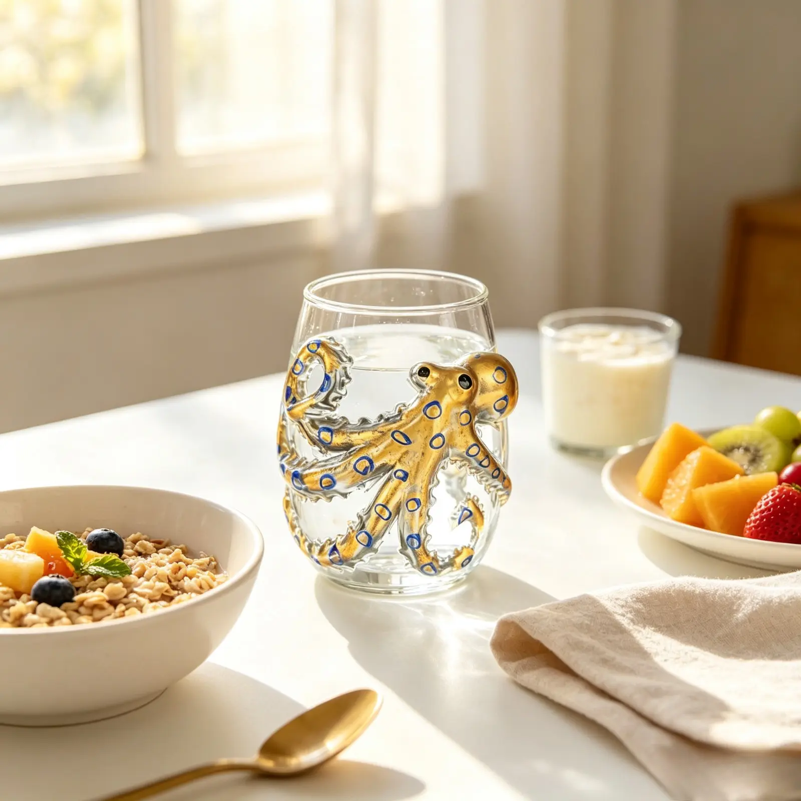 Artisanal Blue Ringed Octopus Glassware, 3D Octopuses Stemless Wine Glasses, Stemless Wine Cup, Handcrafted Marine Animal Bar Glass for Coastal Home Decor Ocean Lovers (Octopus-A)
