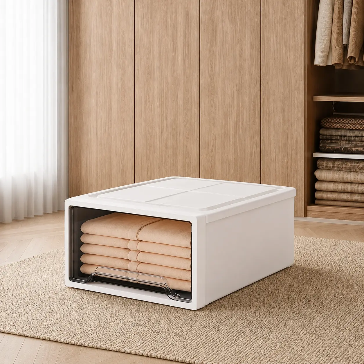 Stackable Foldable Storage Drawer Bin, Large Capacity Plastic Modular Storage Organizer with Pull-Out Drawer, Closet Storage Cabinet for Clothes, Files, Desktop & Home Organization