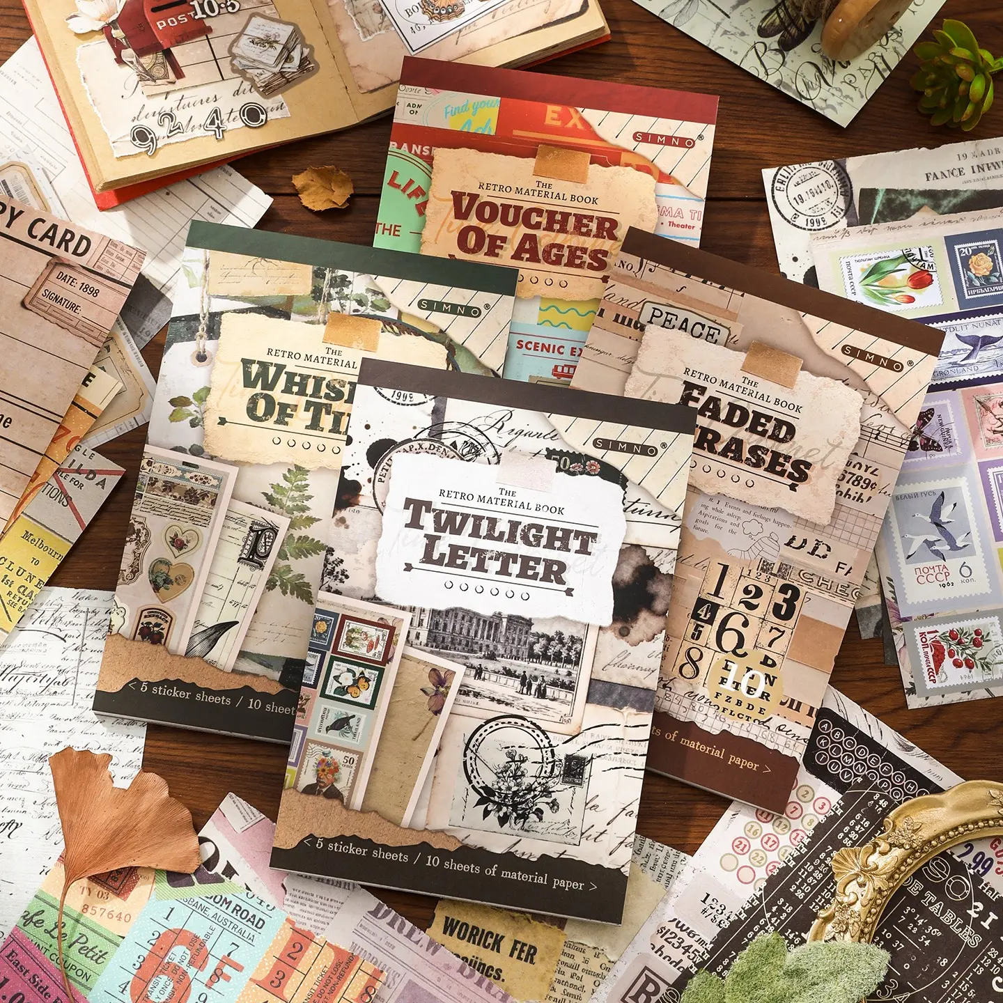 Retro Material Book, The Cabinet Series Craft Paper Set with 5 Die-Cut Stickers & 10 Decorative Scrapbook Paper Sheets for Craft Junk Journal Scrapbooking Supplies Embellishment