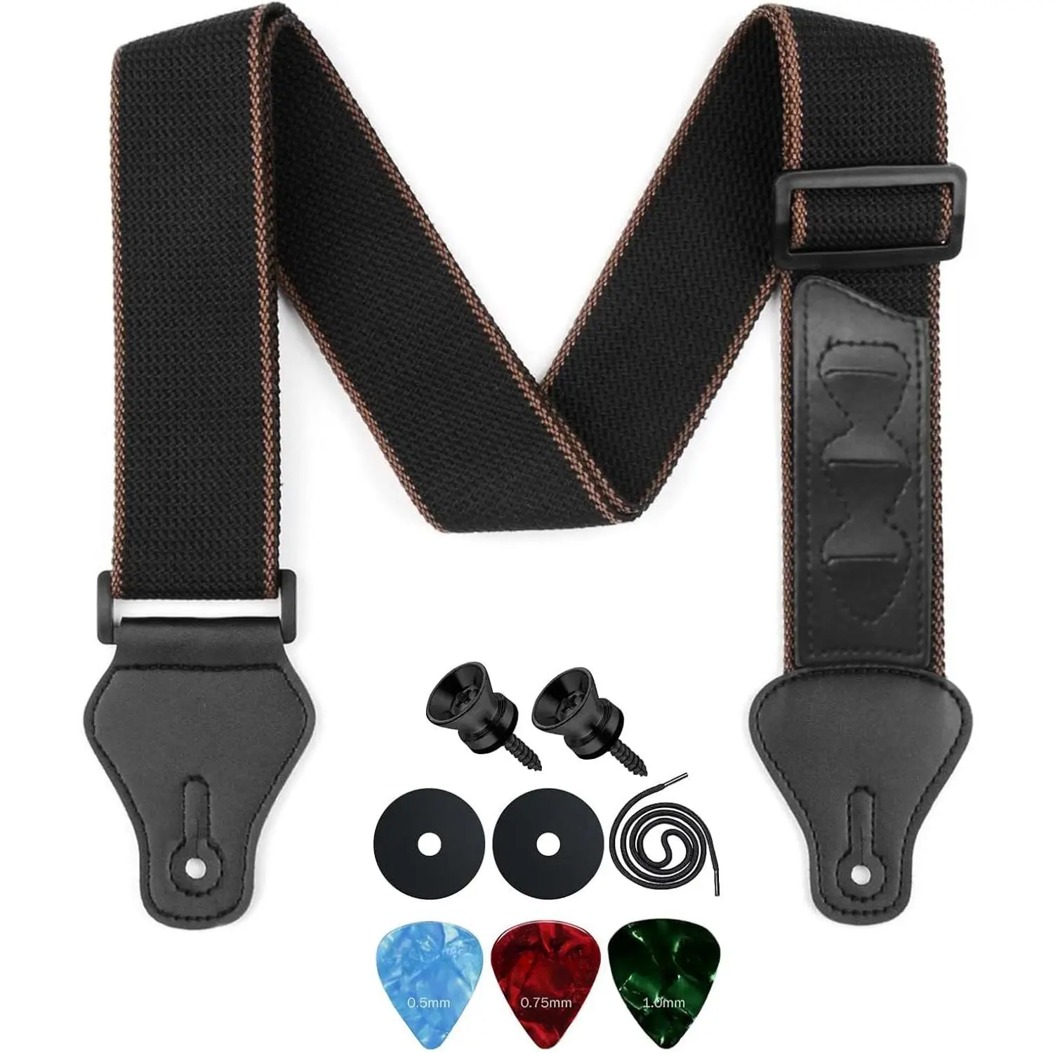 Adjustable Black Synthetic Guitar Strap Kit with Locks, Picks, Pick Holder - 2" Soft Strap with Leather Ends, 35"-59.5" Length, Accessories for Acoustic, Electric, Bass Daily Playing